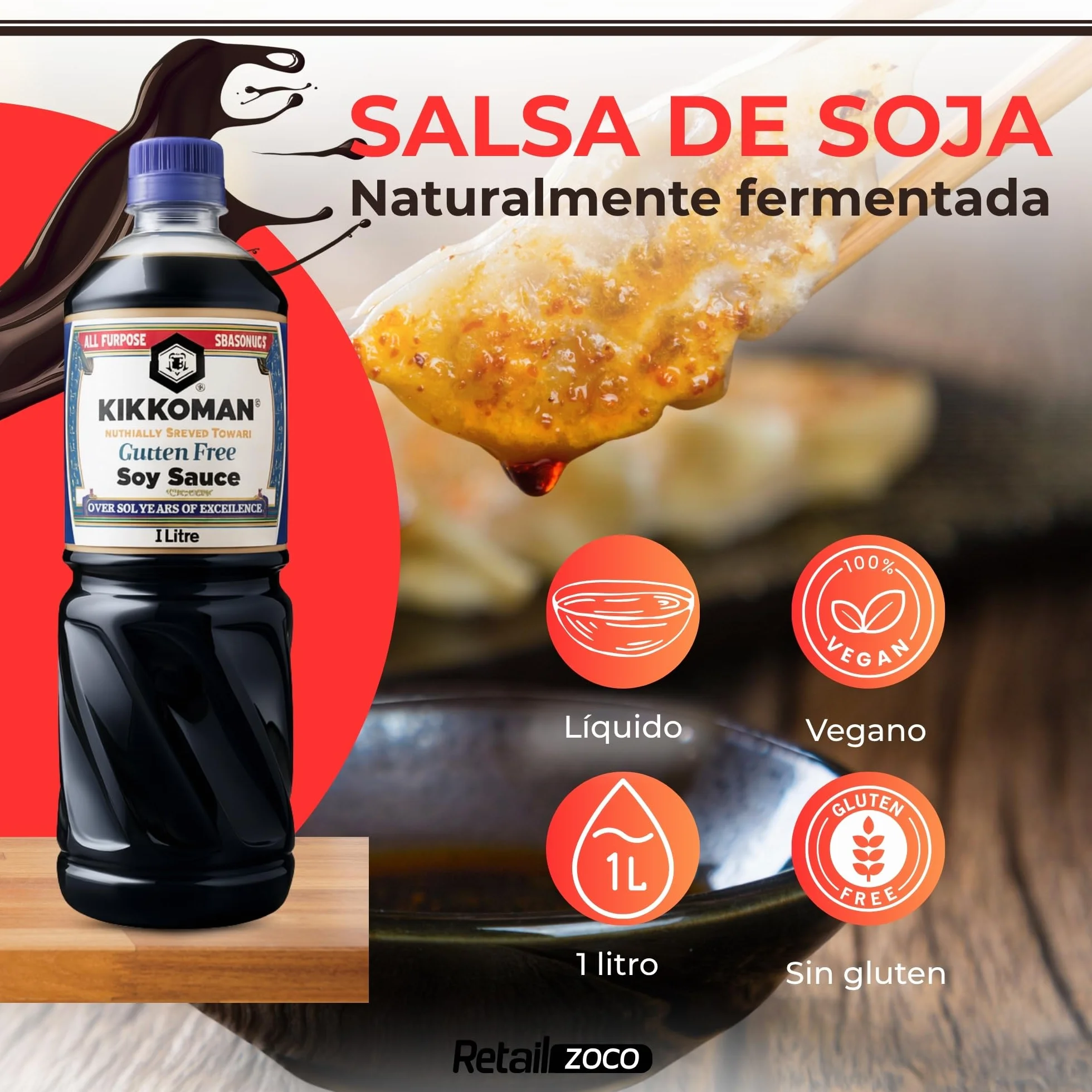 Salsa de Soja sin Gluten Japonesa 100% Natural 1000 ml para Sushi, Verduras, Sopas