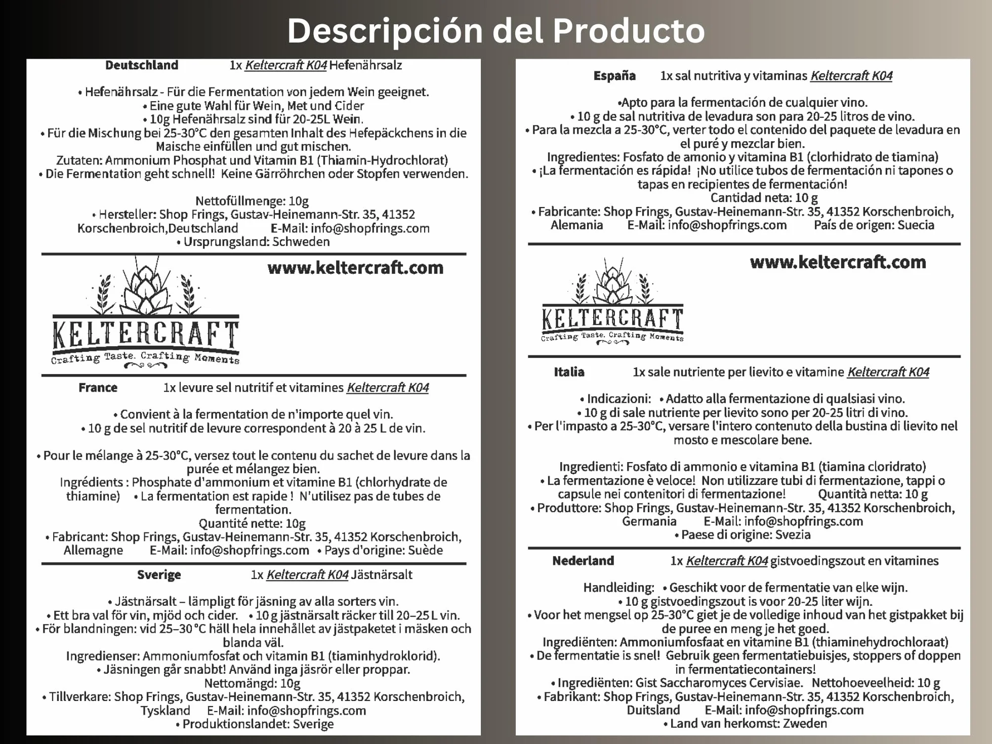 Sal nutritiva para levadura Keltercraft K04 10 g para 25 l de vino hidromiel y sidra