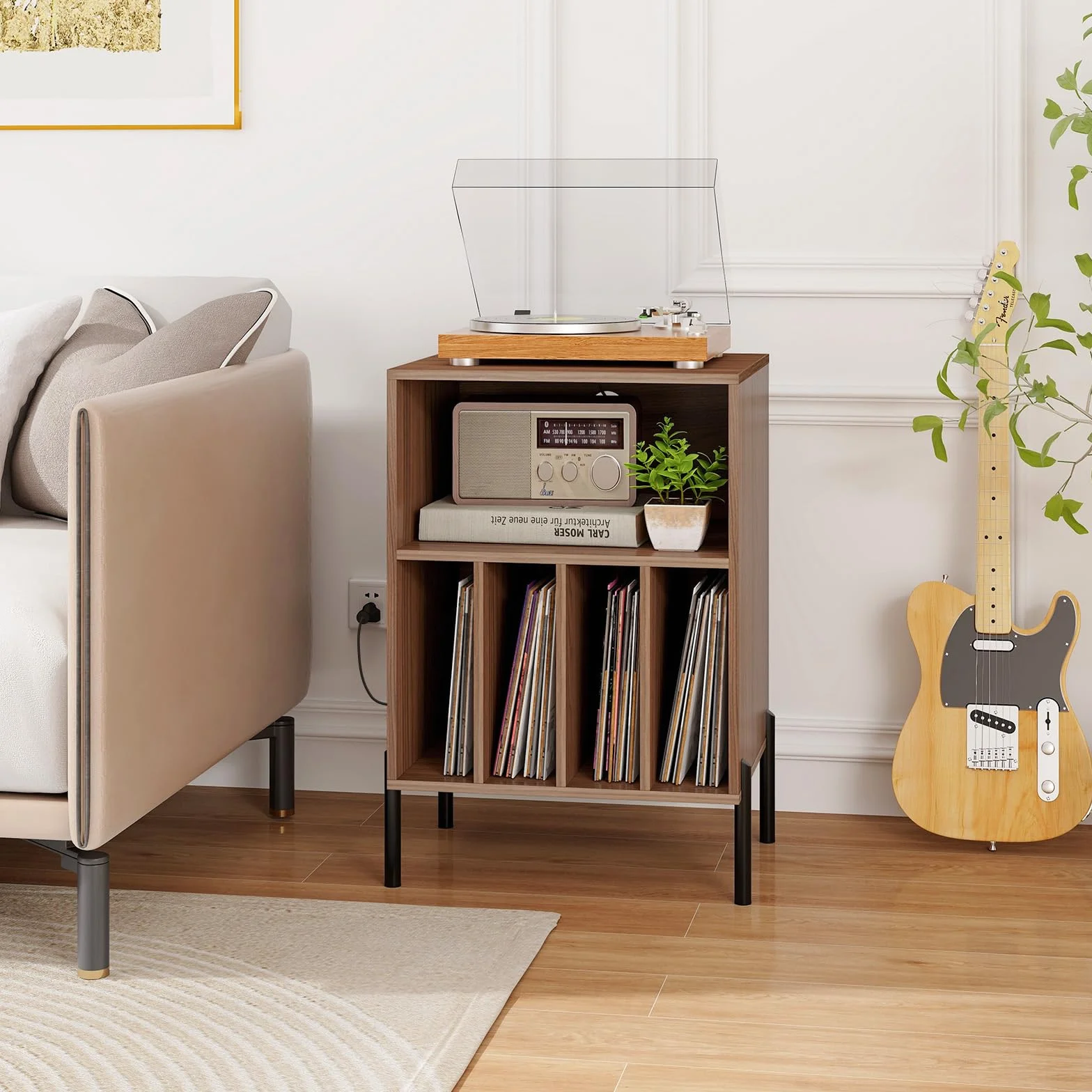 KOMFOTTEU Soporte para Tocadiscos con Estación de Carga, Estantería para Discos de Vinilo con 5 Compartimentos Abiertos, Mesa Auxiliar para hasta 150 Álbumes, Mesa de Impresión para Oficina (Nogal)