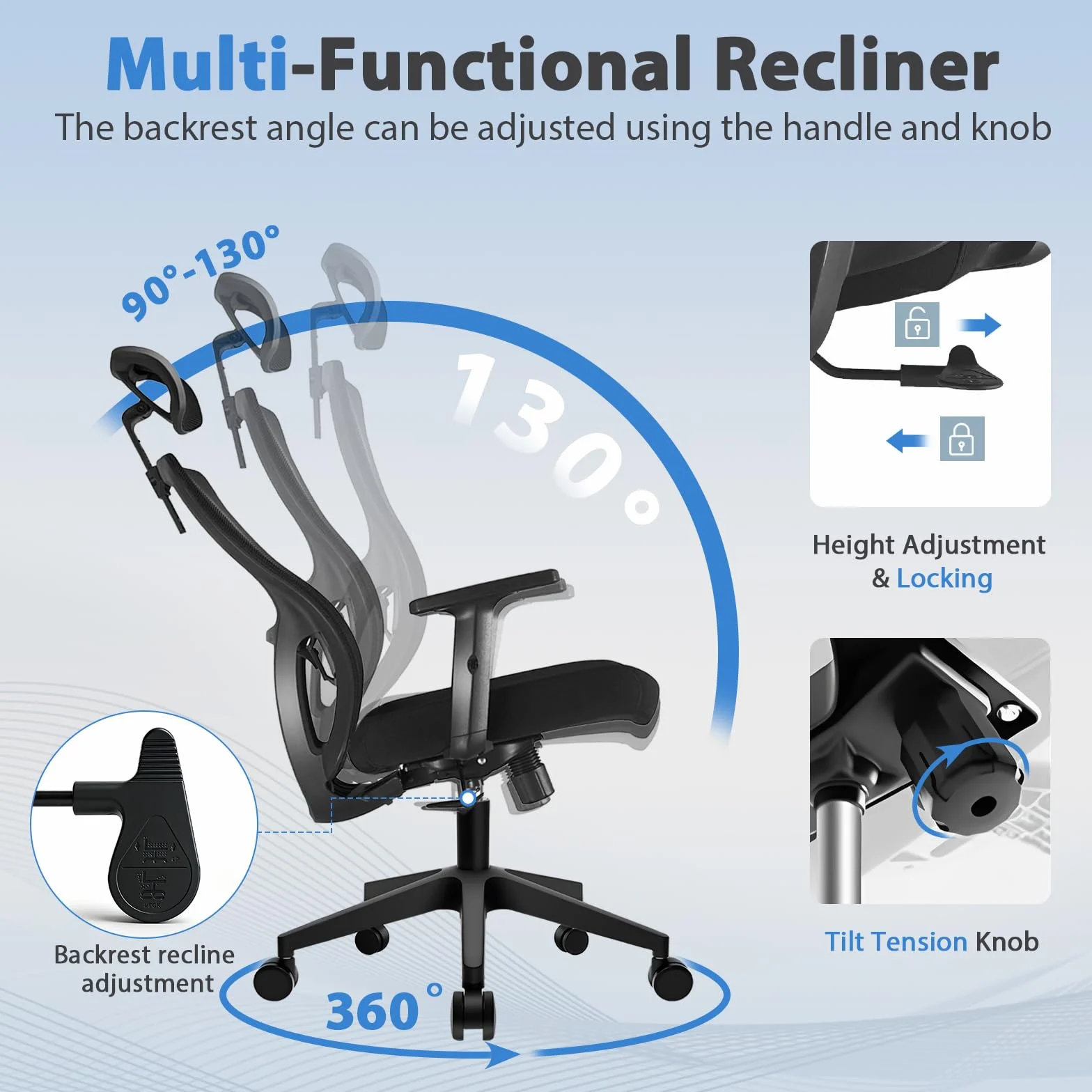 Durrafy Silla Oficina Ergonómica,Silla Escritorio con reposacabezas Ajustable,Reposabrazos, Soporte Lumbar, Altura Regulable y oscilación de 120°, Silla de Oficina Capacidad de Peso 150kg