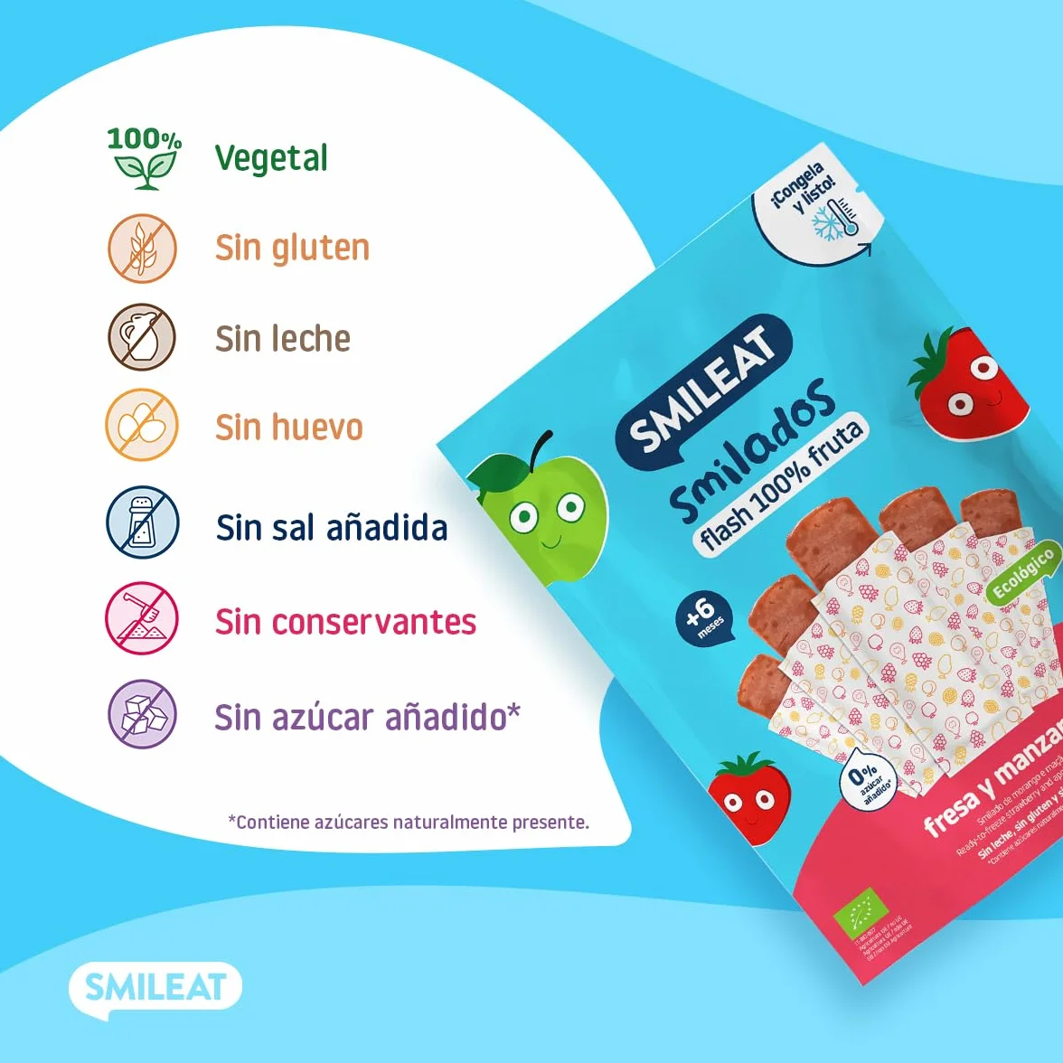 Smileat Smilados de Frutas Ecológicas Flash de Fresa y Manzana Sin Azúcar Añadido Sin Gluten 5x50g