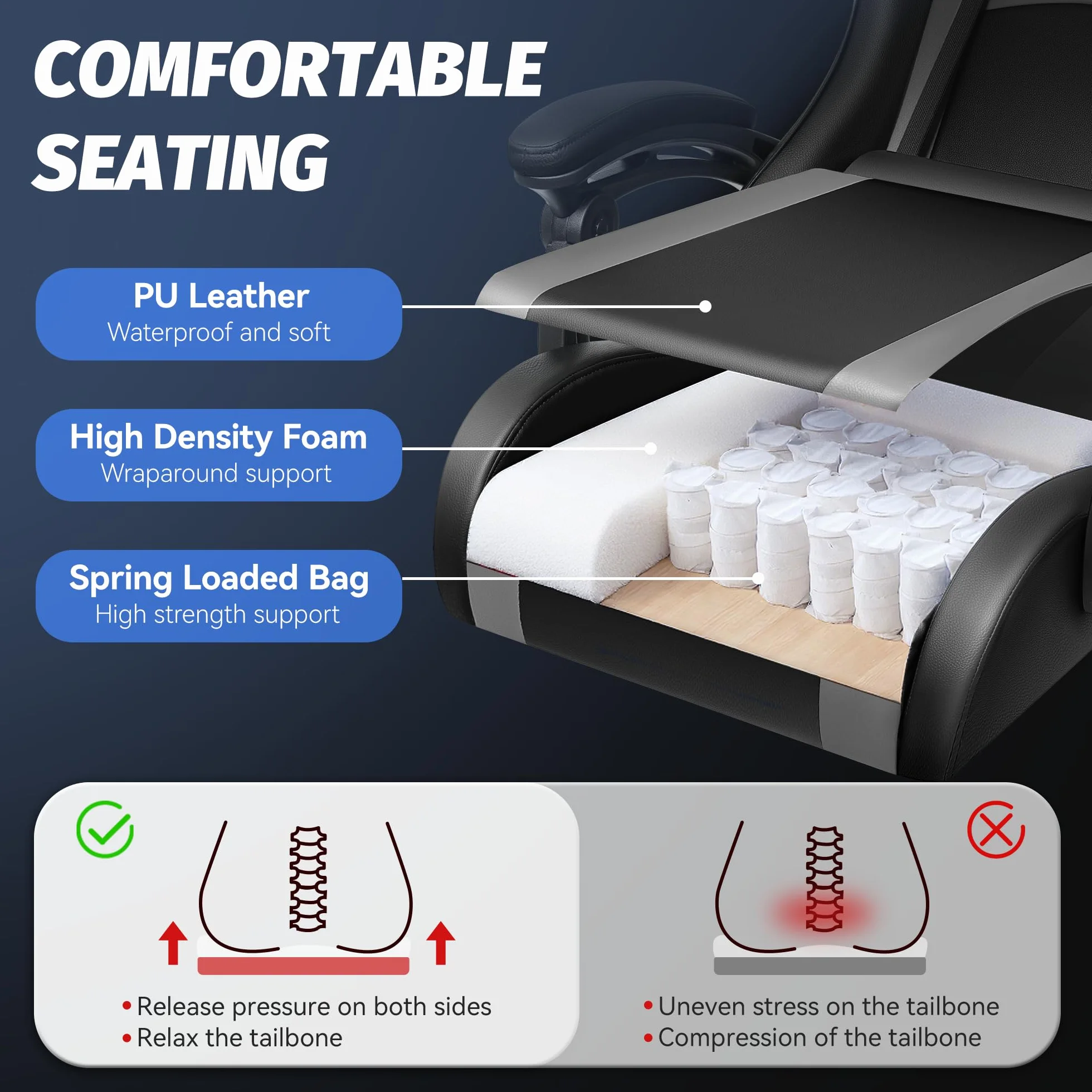 OneGame Silla Gaming, Silla ergonómica Gaming con Respaldo Ajustable Respaldo Alto Silla Gaming rotación 360º para Trabajar y Jugar, Negro Gris