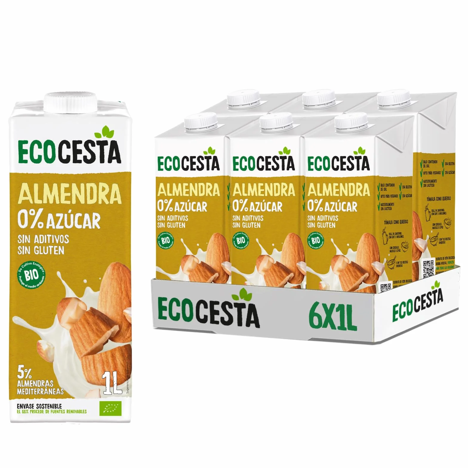 Ecocesta Bebida Ecológica Vegetal de Almendra Pack 6 x 1 L Sin Azúcar Añadido Sin Gluten Vegano