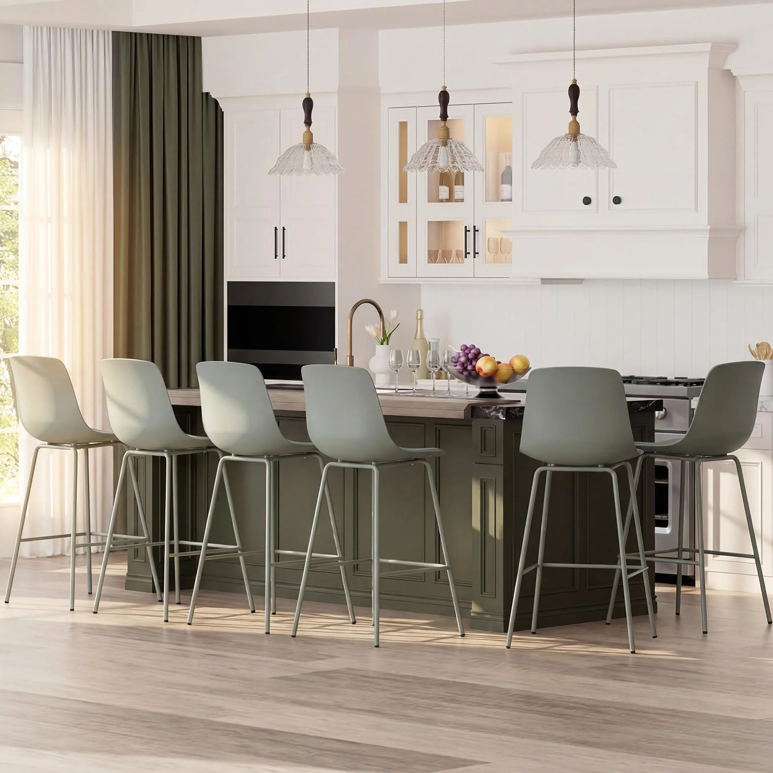 COSTWAY Juego de 4 Taburetes de Bar, Altura Asiento 76 cm, Taburetes Altos de Cocina con Respaldo, Asientos Acolchados, Reposapiés y Patas Metal, Silla Altas de Bar para Isla Cocina y Comedor, Verde