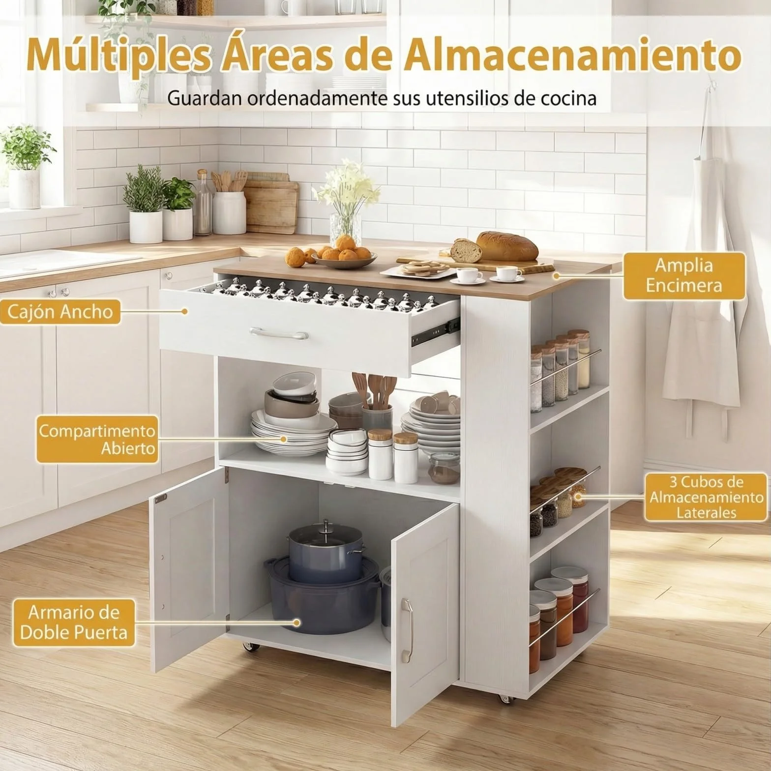 COSTWAY Carrito de Cocina con Ruedas, Armario de Sevicio Rodante con 3 Estantes Abiertos y un Cajón, Armario Grande de 2 Puertas, Carrito de Almacenamiento con Toallero y 2 Ruedas Bloqueables, Blanco