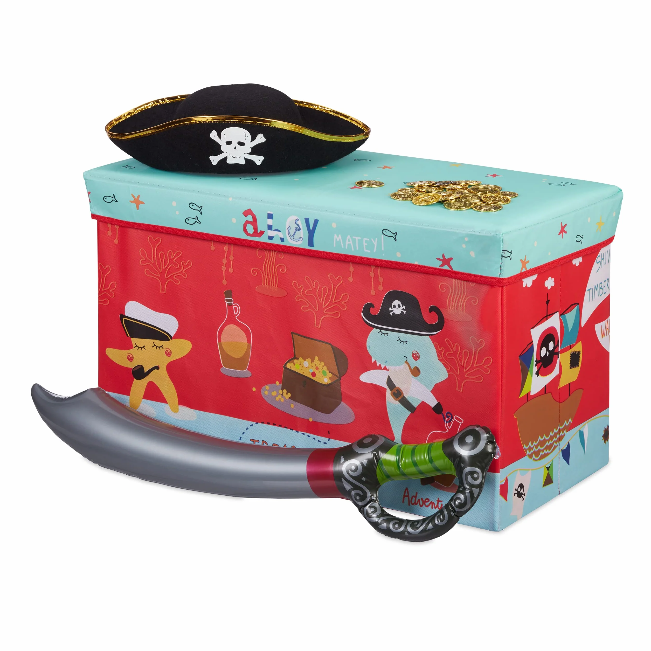 Relaxdays Baúl para Juguetes, Taburete Infantil, Plegable, para niños y niñas, Piratas, 50L, Rojo
