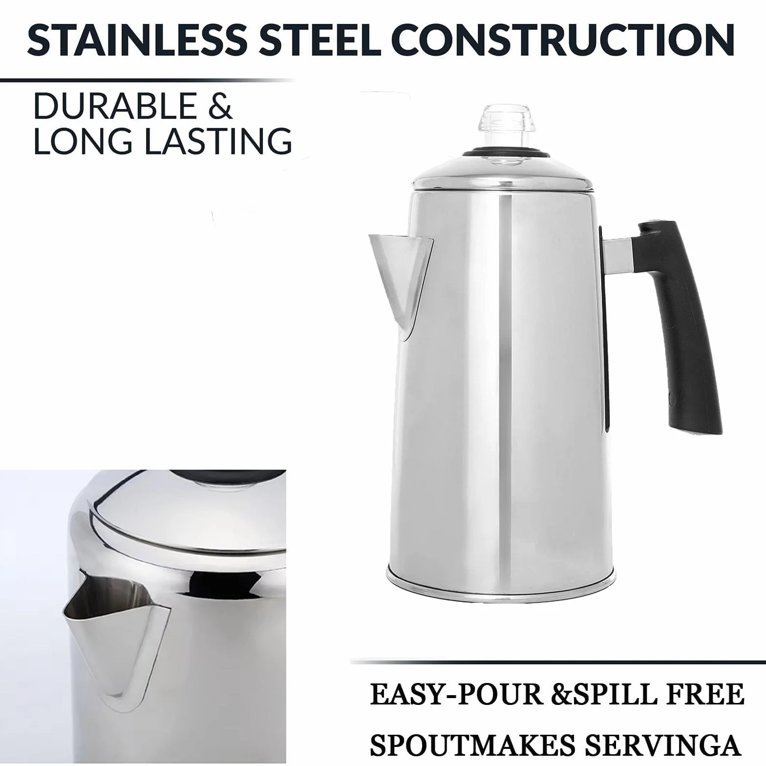 Cafetera Filtro Percolador de Acero Inoxidable 304 para Acampar, 12 Tazas