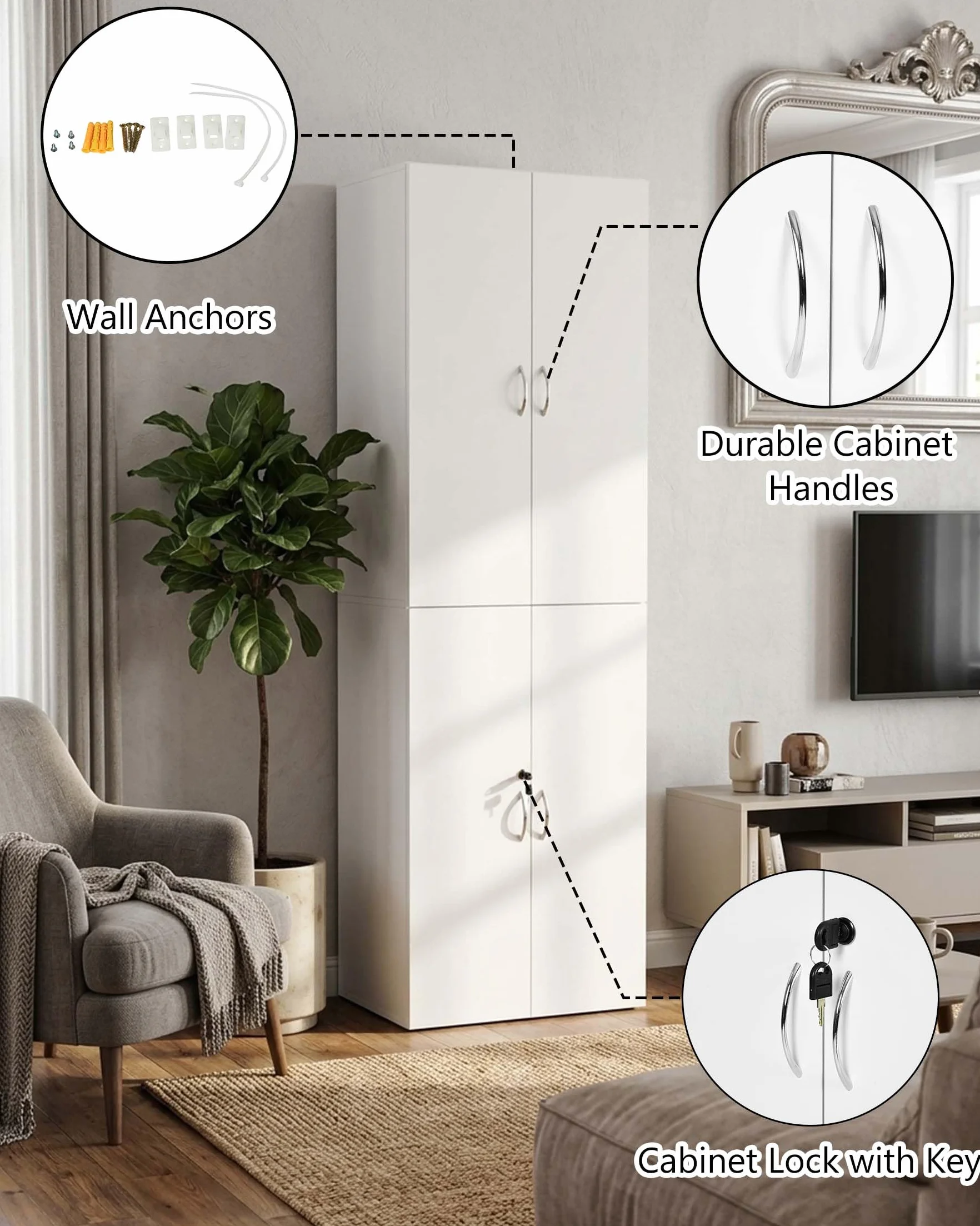 Armario archivador con cerradura, armario de oficina blanco con puertas, 58 x 30 x 180 cm, armario multiusos de madera, armario estrecho para oficina, pasillo, armario multiusos moderno