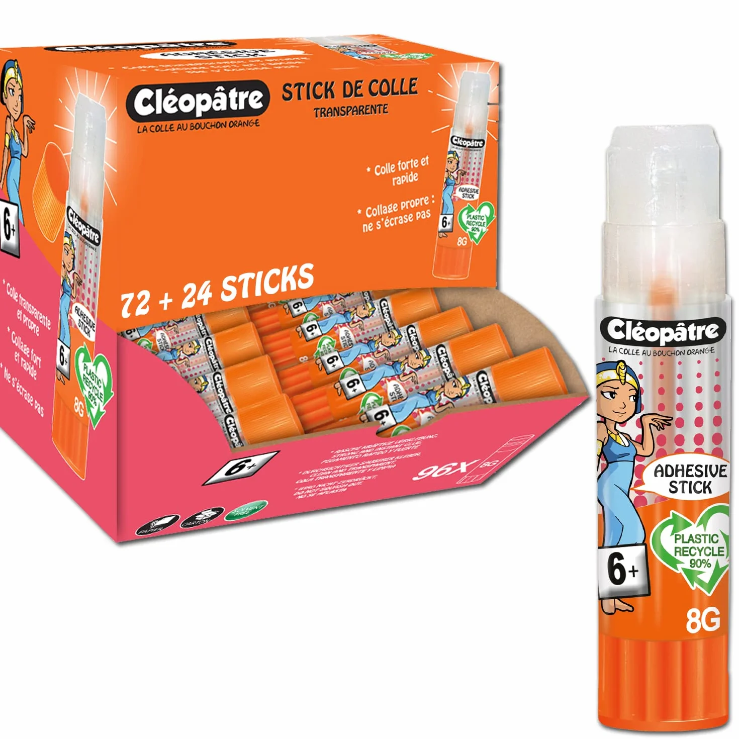 CLEOPATRE - Caja de 96 palos de pegamento transparente adhesivo plástico reciclado en 8 gr – Sin disolventes – Ideal para escuelas