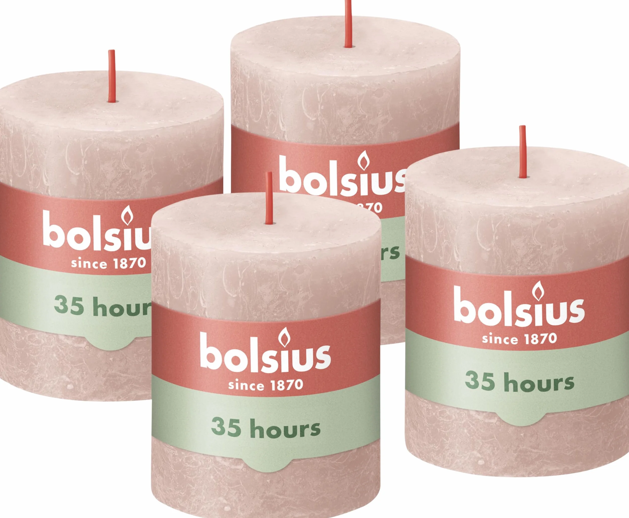 Bolsius Vela rústica de pilar - Rosa suave - Paquete de 4 - Larga duración de combustión de 35 horas - Vela doméstica - Decoración de interiores - Sin perfume - Cera vegana natural - Sin aceite de