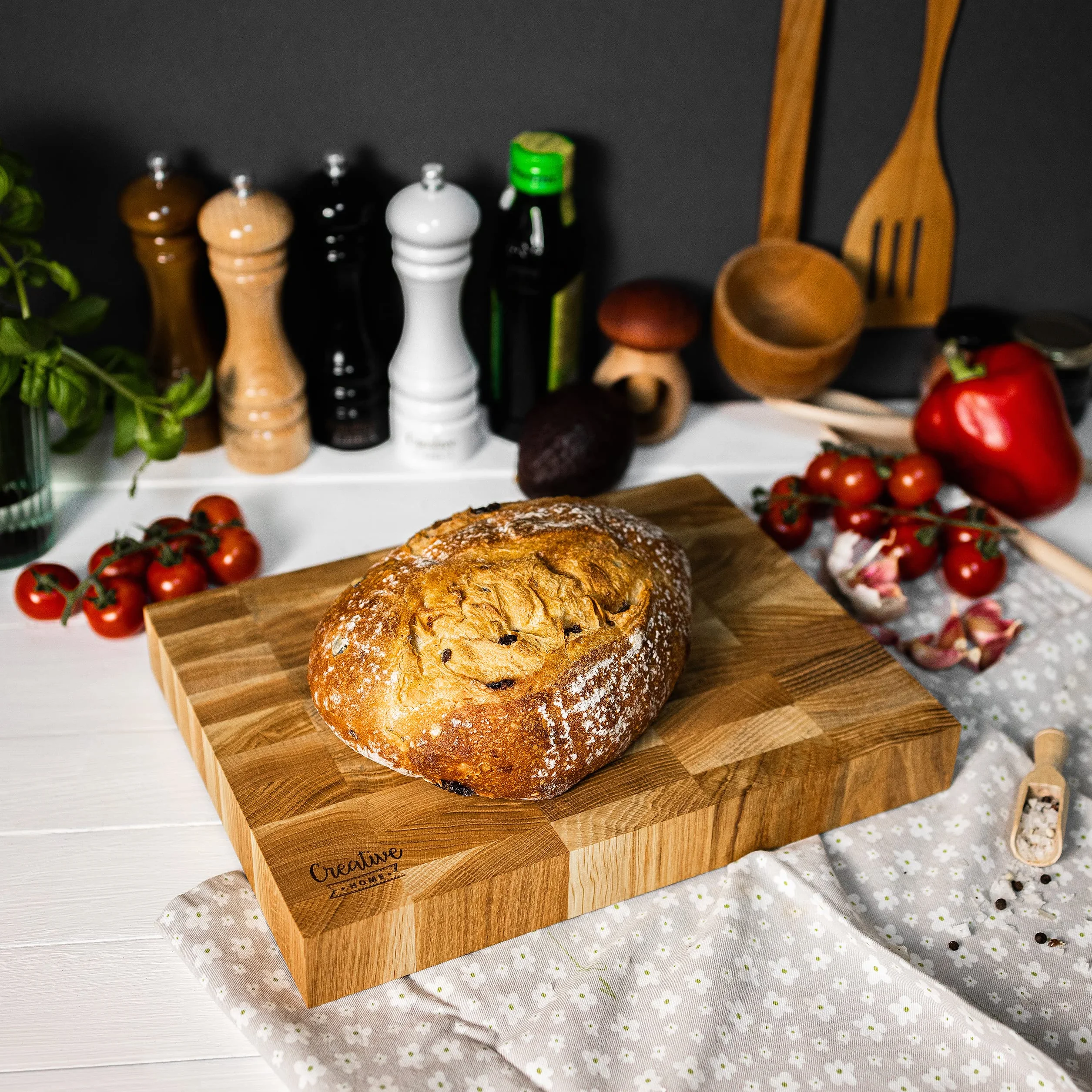 Creative Home Tabla de Cortar de Madera Grande 32 x 24 x 4 cm Roble Natural Bloque de Carnicero Profesional Reversible