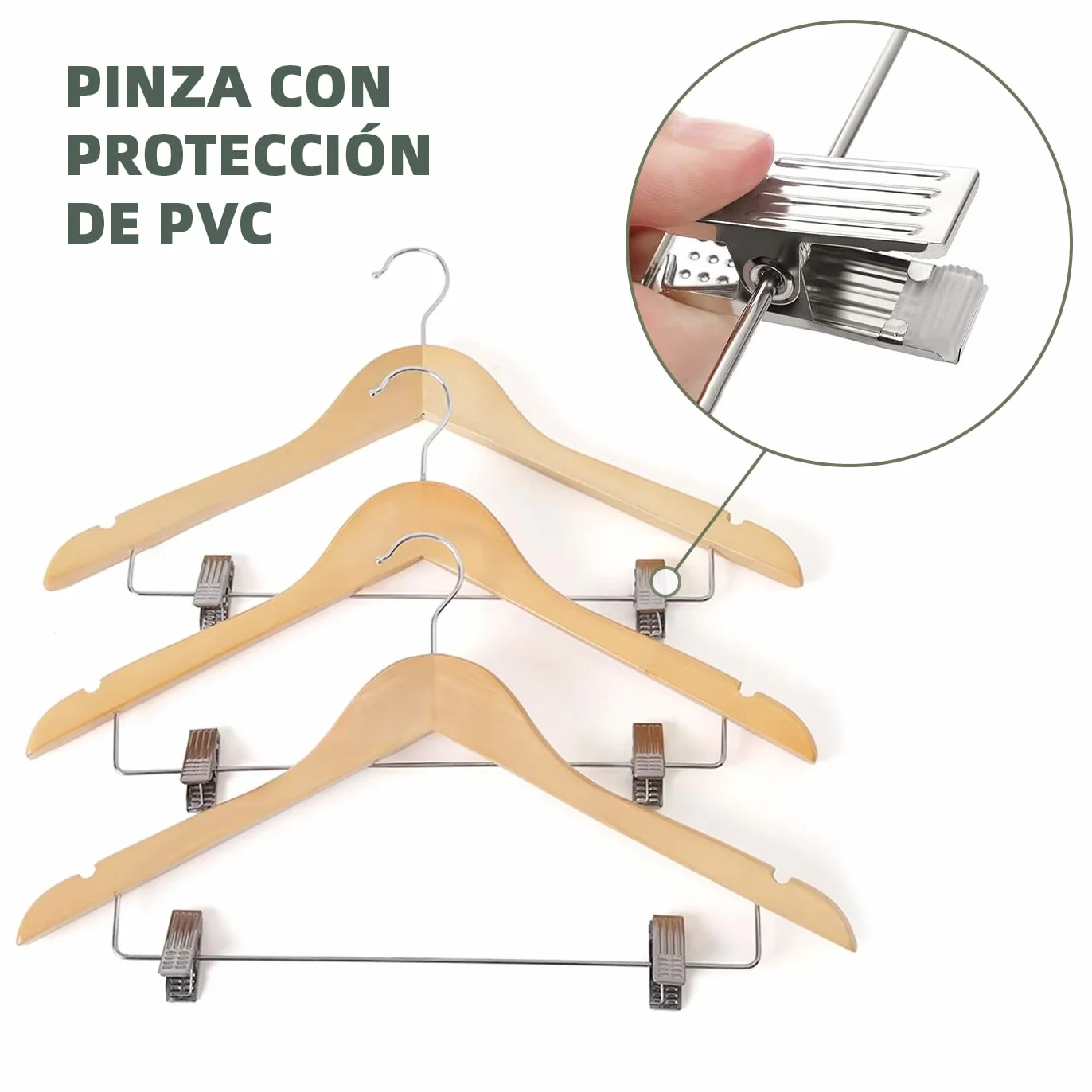 MERCURY TEXTIL - Perchas Ropa de Madera con Pinzas y Muescas Antideslizantes, Pinzas con PVC para No Dañar la Ropa, Gancho Giratorio 360°, Perchas Madera Maciza sin Astillas.(Madera, 10 Unidades)
