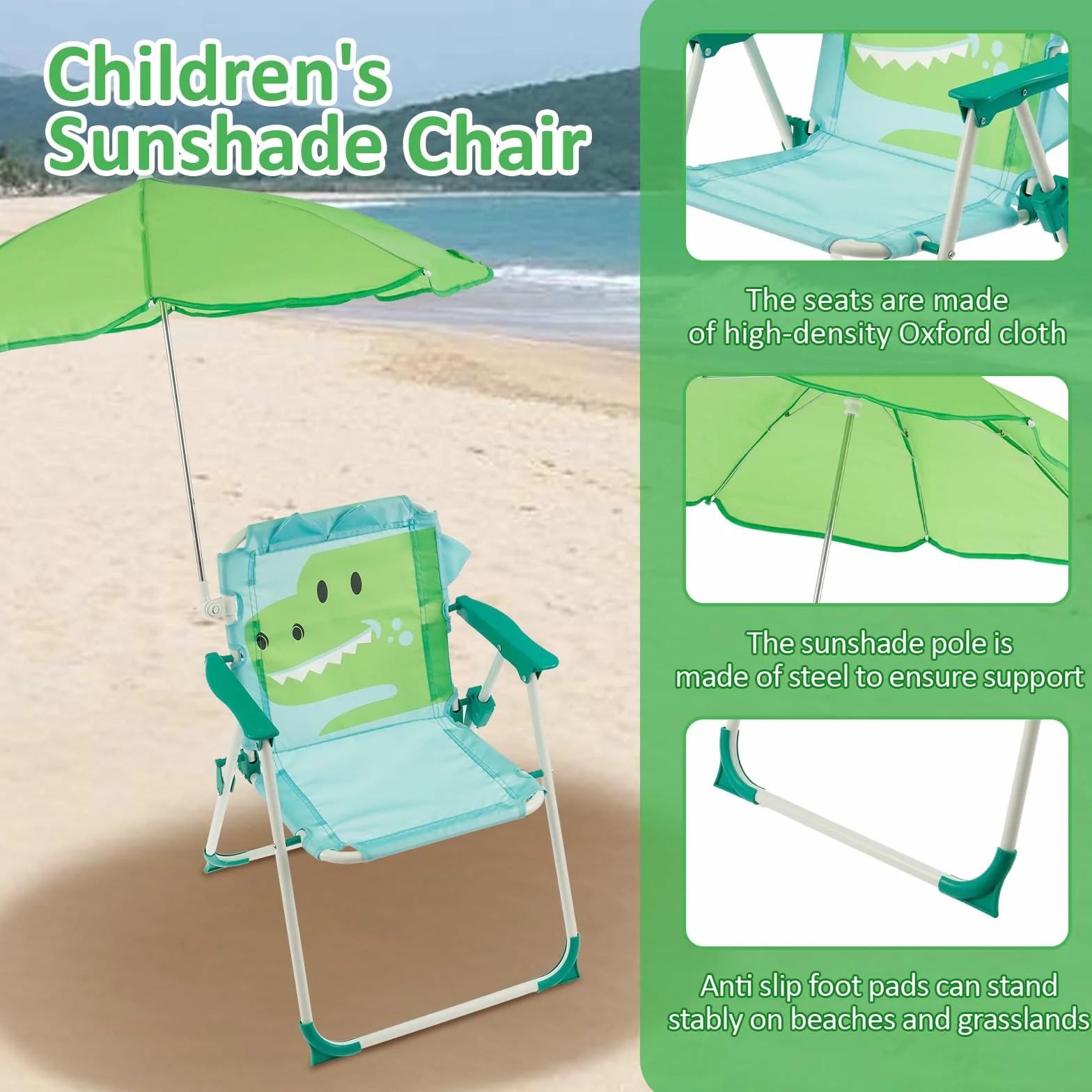 Silla de Jardín Infantil Plegable con Sombrilla Playa Azul Dinosaurio