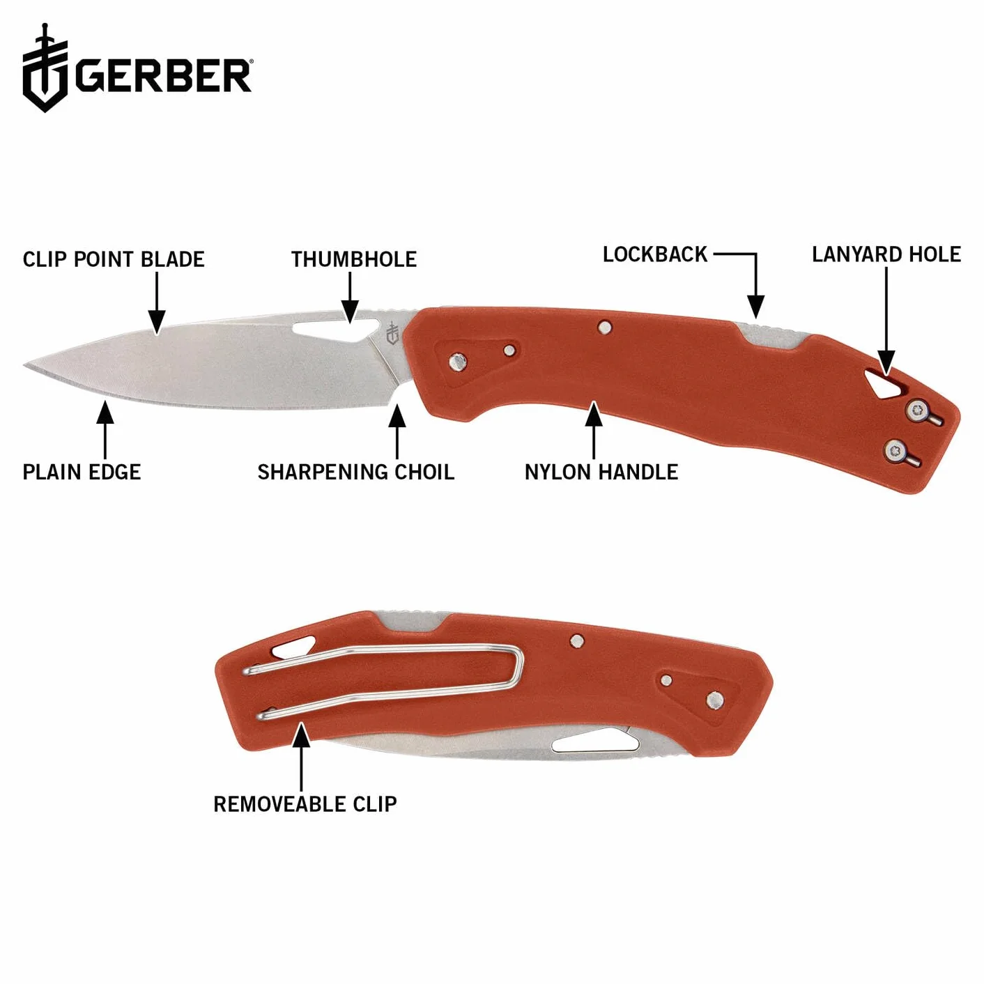 Gerber Navaja con clip para cinturón, LST, hoja de acero inoxidable 440A Clip Poin, escamas del mango de nylon reforzado con fibra de vidrio, longitud de la hoja: 6,6 cm, naranja, 1074522