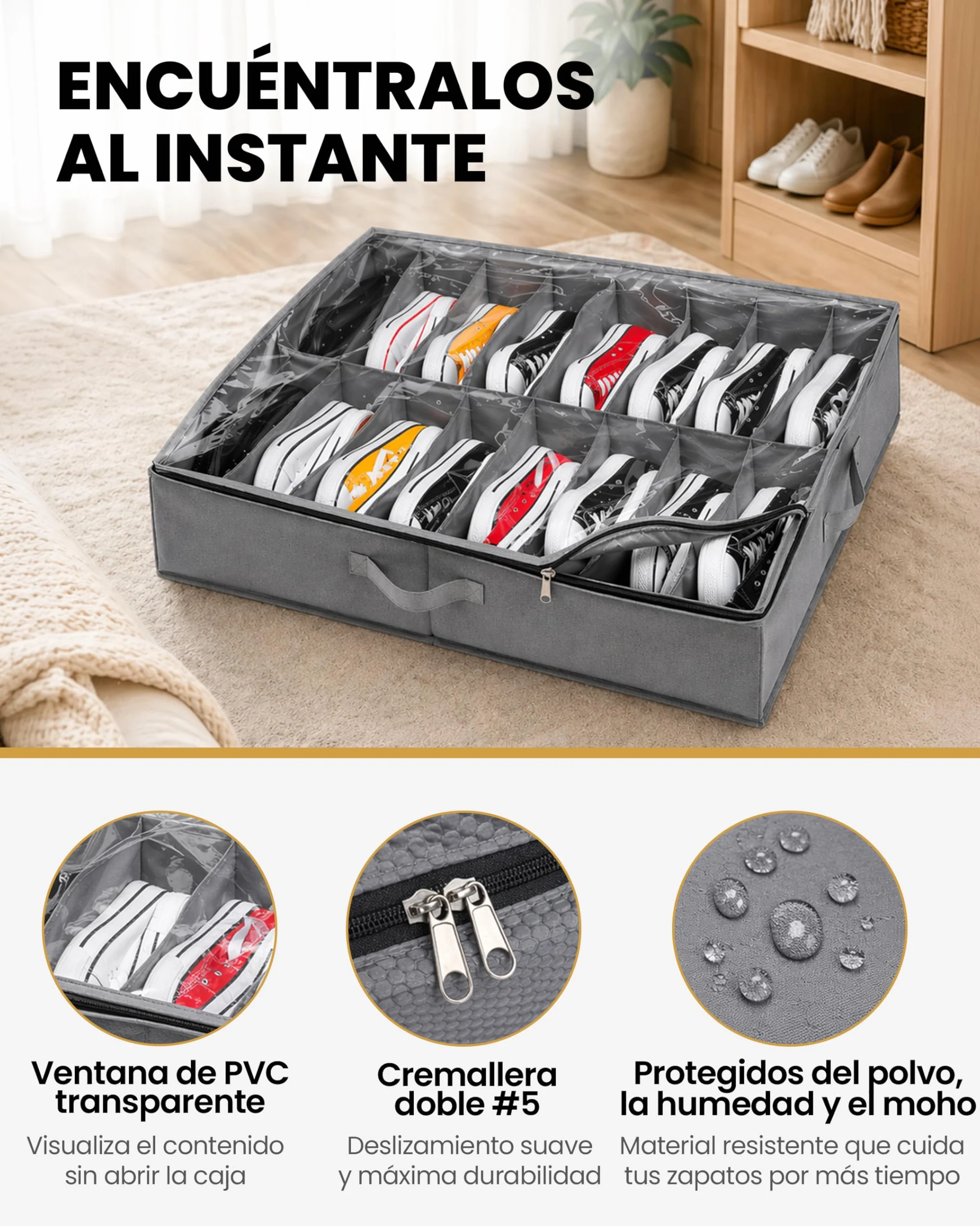 Organizadores de Zapatos Debajo de la Cama, Cajas de Almacenaje de Tela no Tejida, Plegables con Tapa Transparente de PVC y 3 Asas