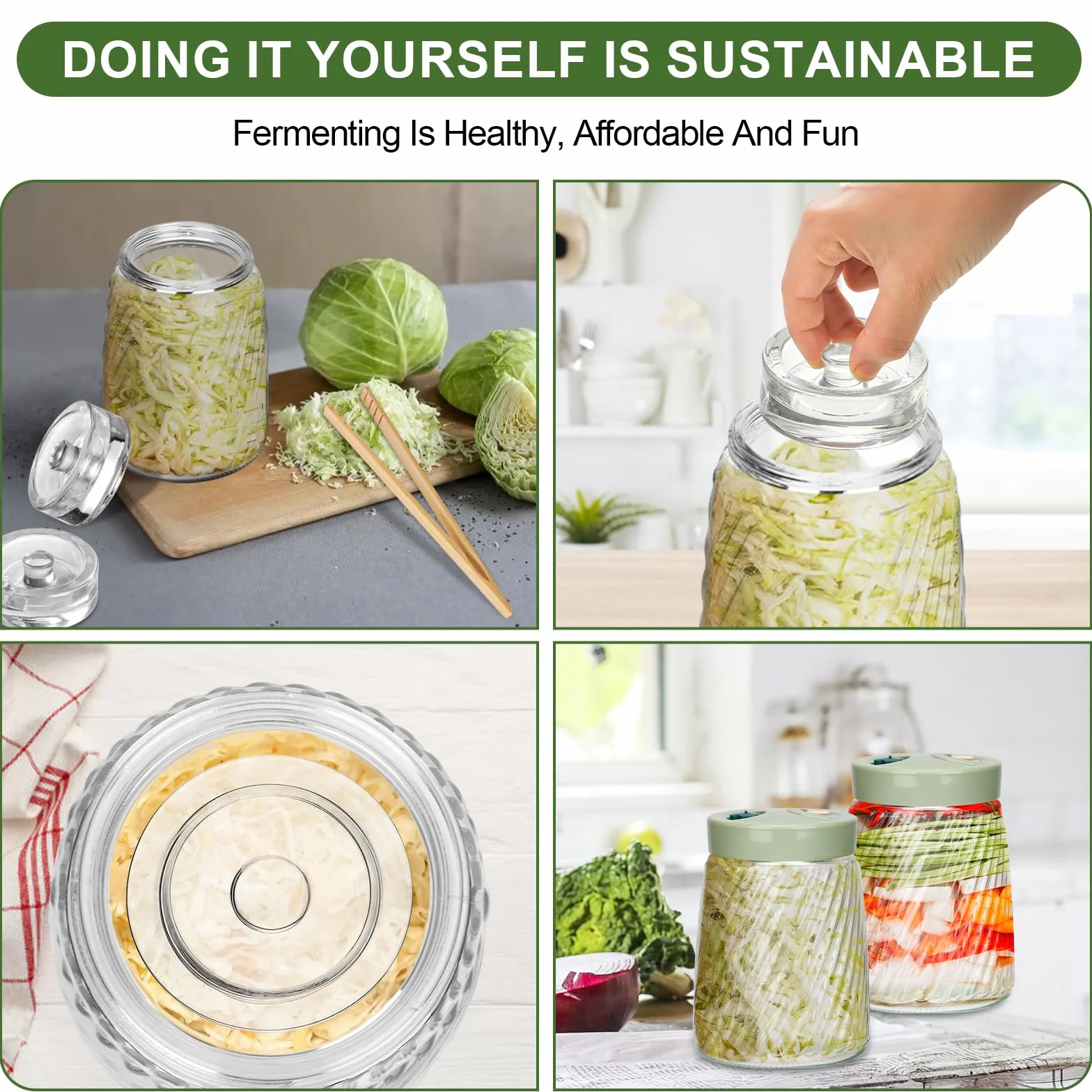 USHOP 2 Tarros de Fermentación de Vidrio 1.4l con Doble Válvula,Tarro de Fermentación,Fermentacion Frascos de Vidrio con Tapa,Frascos Herméticos para Kimchi, Chucrut, Conservas y Almacenamiento