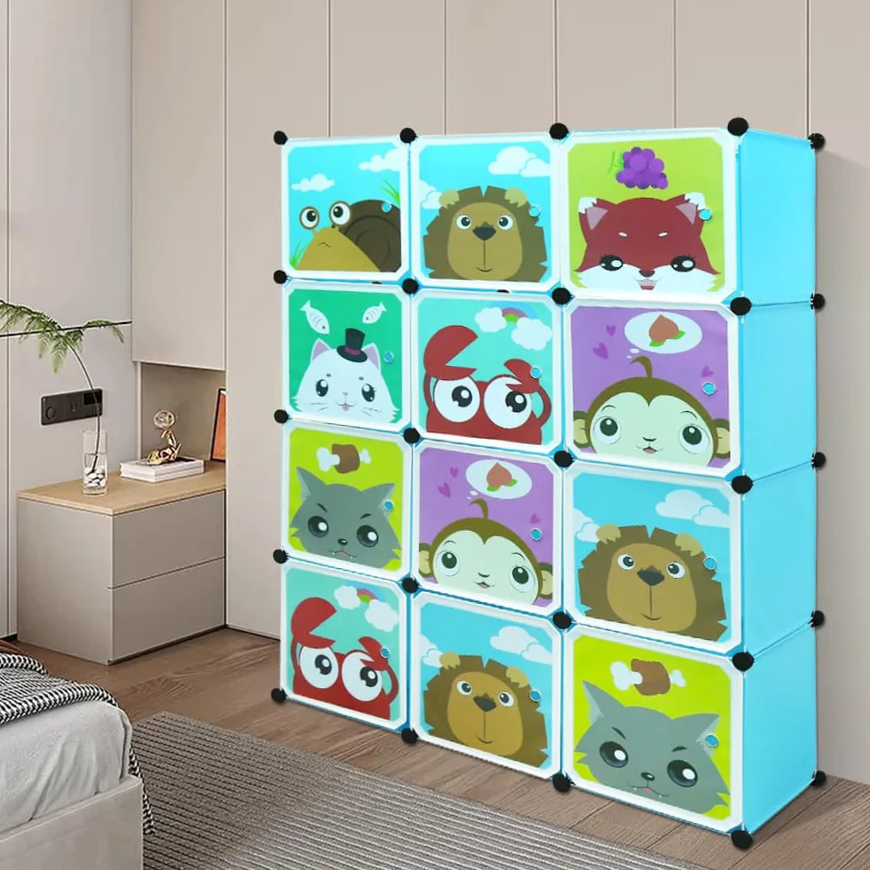 Mueble de almacenamiento infantil con 12 cubos armario modular ABS 111x37x147 cm azul