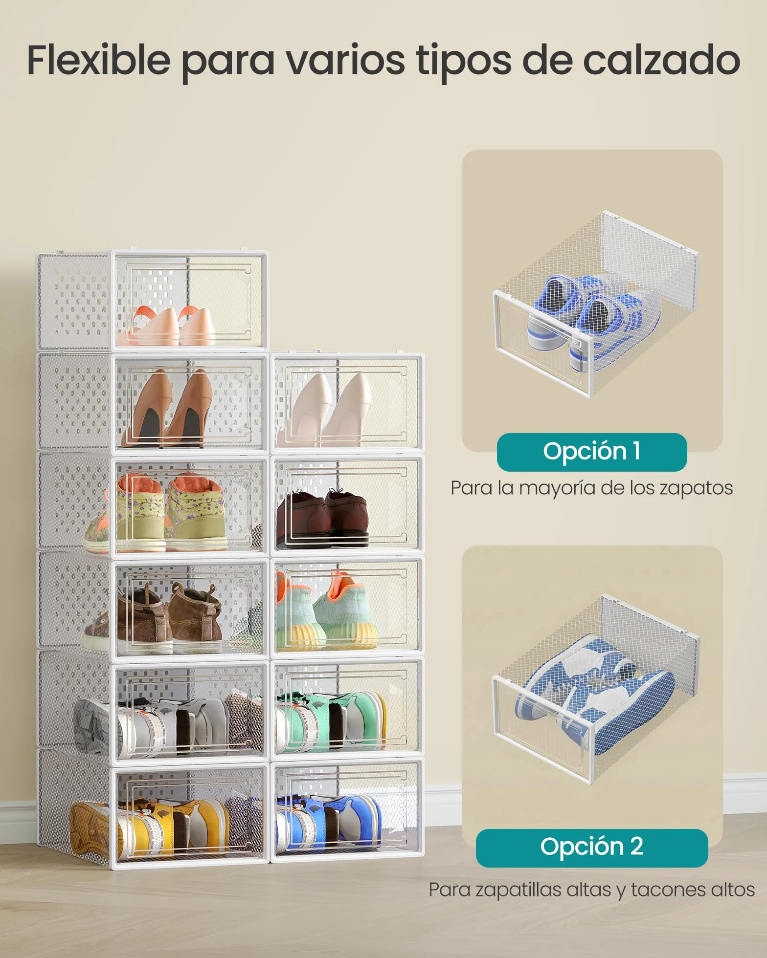 SONGMICS Cajas de Zapatos de Plástico Plegables Apilables Juego de 12 Transparente Blanco