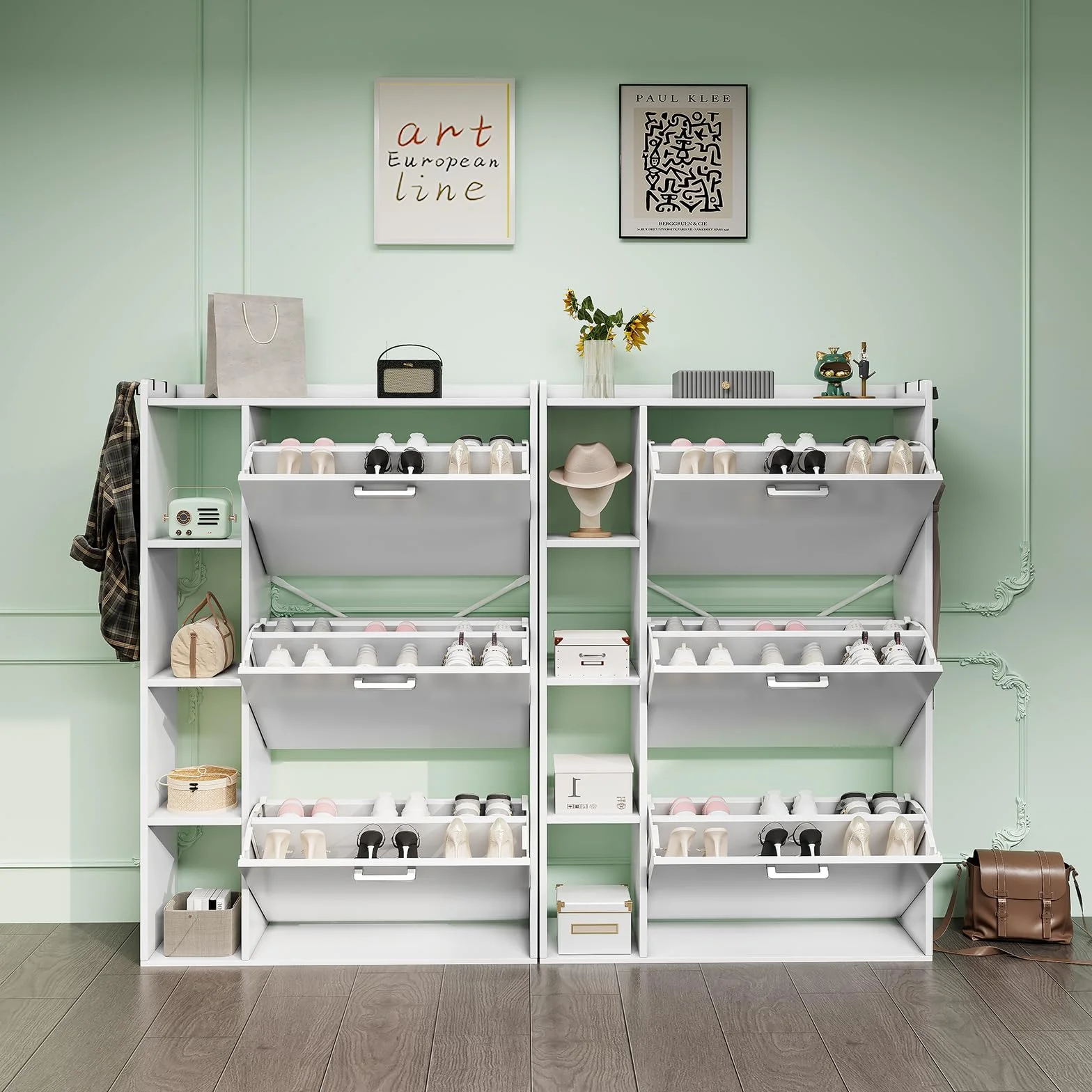 Zapatero Estrecho Recibidor Mueble Zapatero 3 Puertas con 4 Compartimentos de Almacenamiento para 18-24 Pares de Zapatos，para Sala de Estar, Pasillo de Entrada, 80x24x122cm Blanco