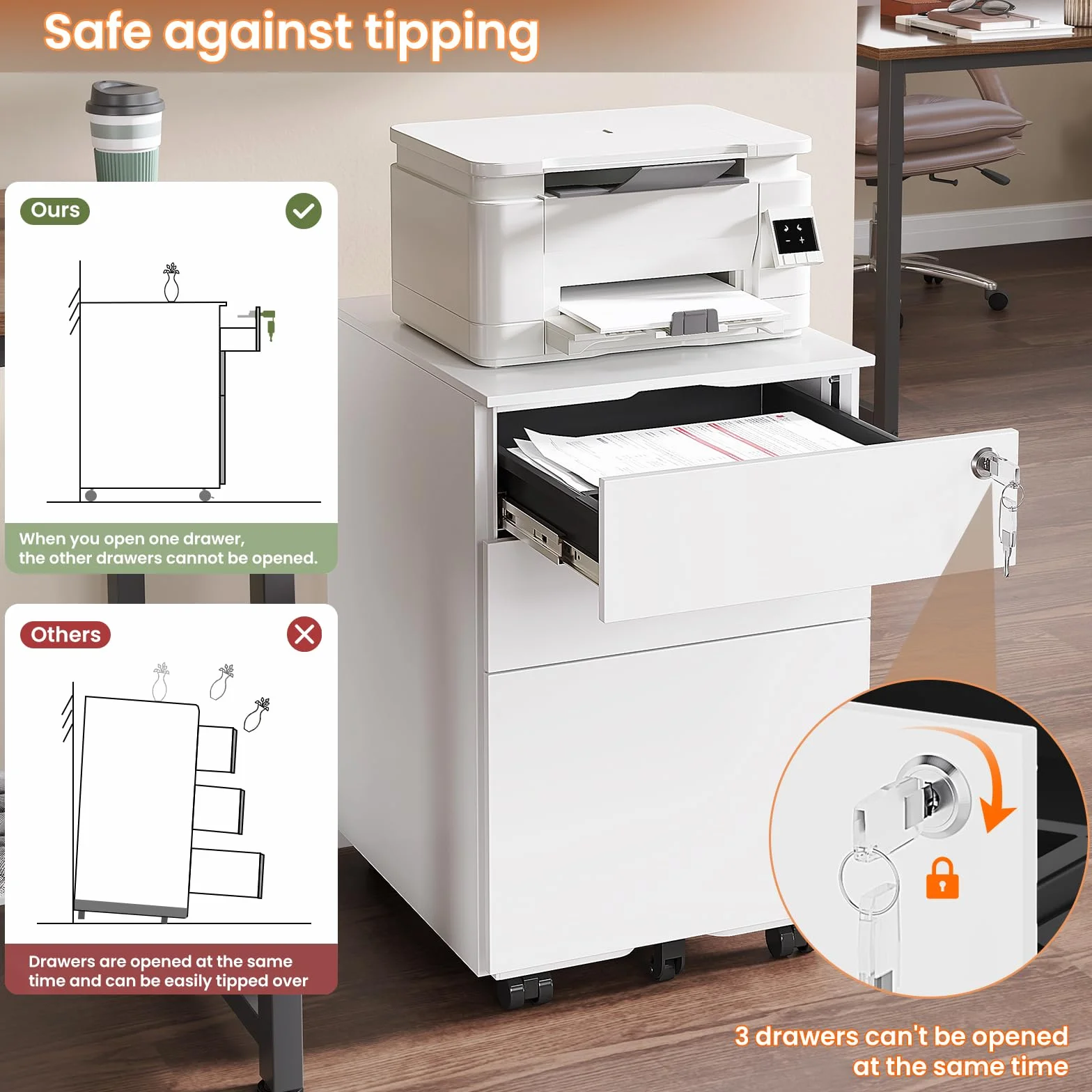 KIMENICH Cajonera Oficina Armario archivador con Ruedas para Debajo del Escritorio, con 3 cajones, 5 Ruedas, premontado, con Cerradura, Armario de Metal con archivador, para Archivos,Mueble Impresora
