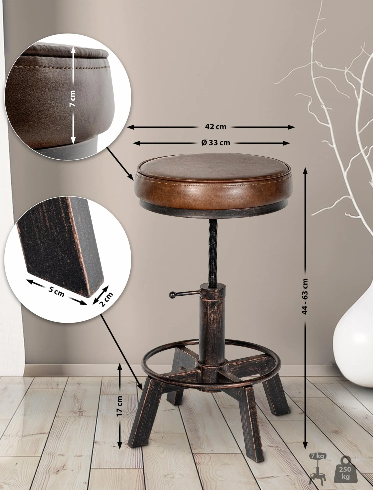CLP Taburete Destin con Asiento Redondo Acolchado En Polipiel I Silla De Altura Ajustable con Base Metálica, Color:Bronce