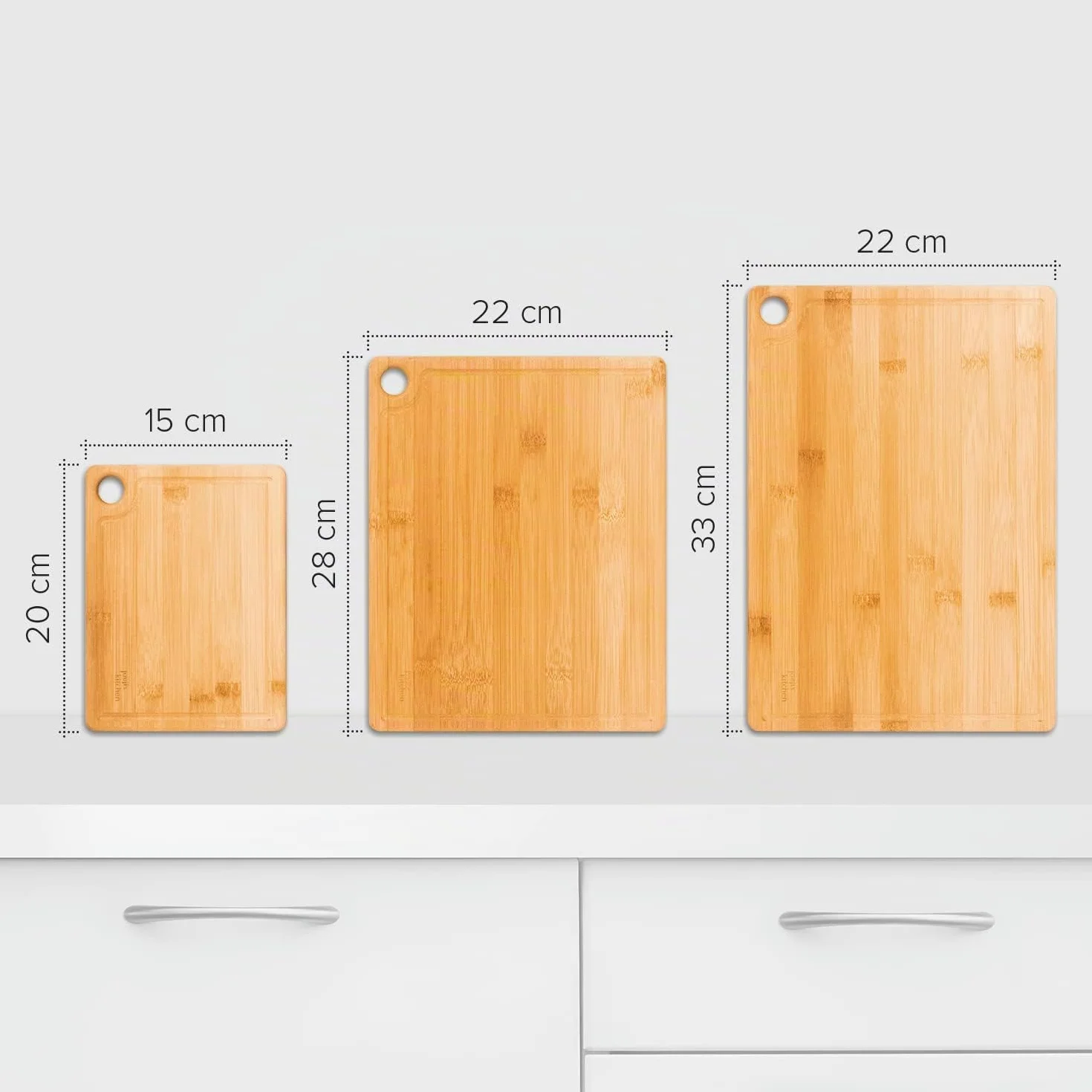 Juego de 3 Tablas de Cocina de Madera Bambú con Ranura y Agujero para Colgar - Antimicrobiano Natural