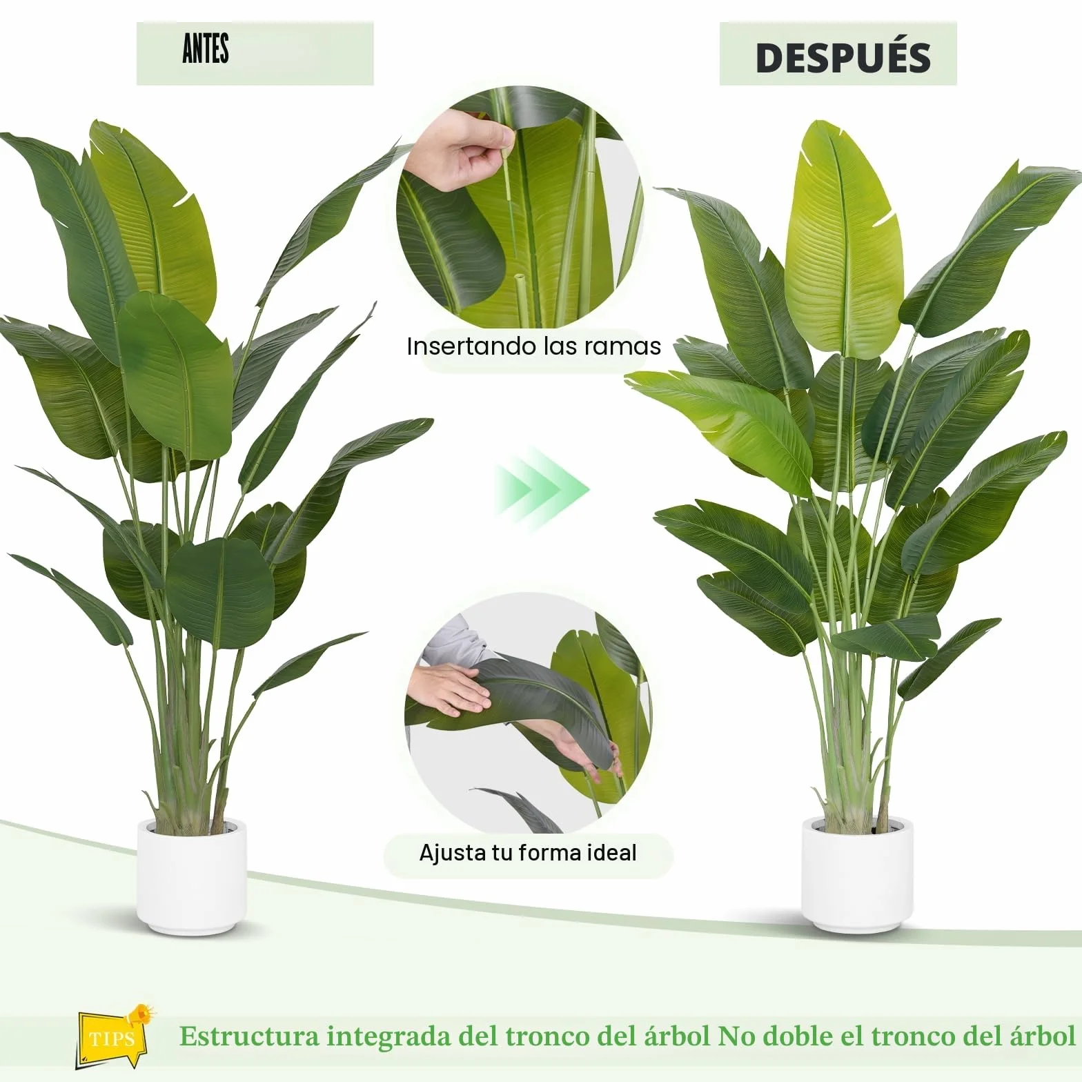 Planta Artificial Ave del Paraíso 200cm Plantas Artificiales Decorativas con 15 Hojas de Plátano,Planta Artificial Grande Interior con Maceta Blanca para Decoracion Hogar Salon Casa Room Decor