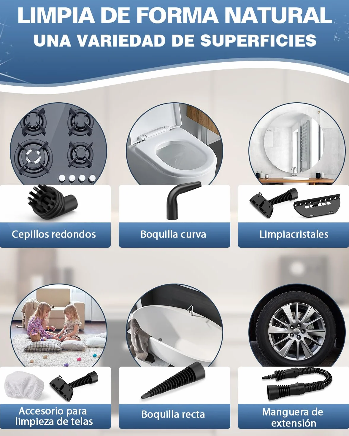 KLONA Limpiador a vapor de mano multiusos con 10 accesorios para alfombras, cortinas, sofás