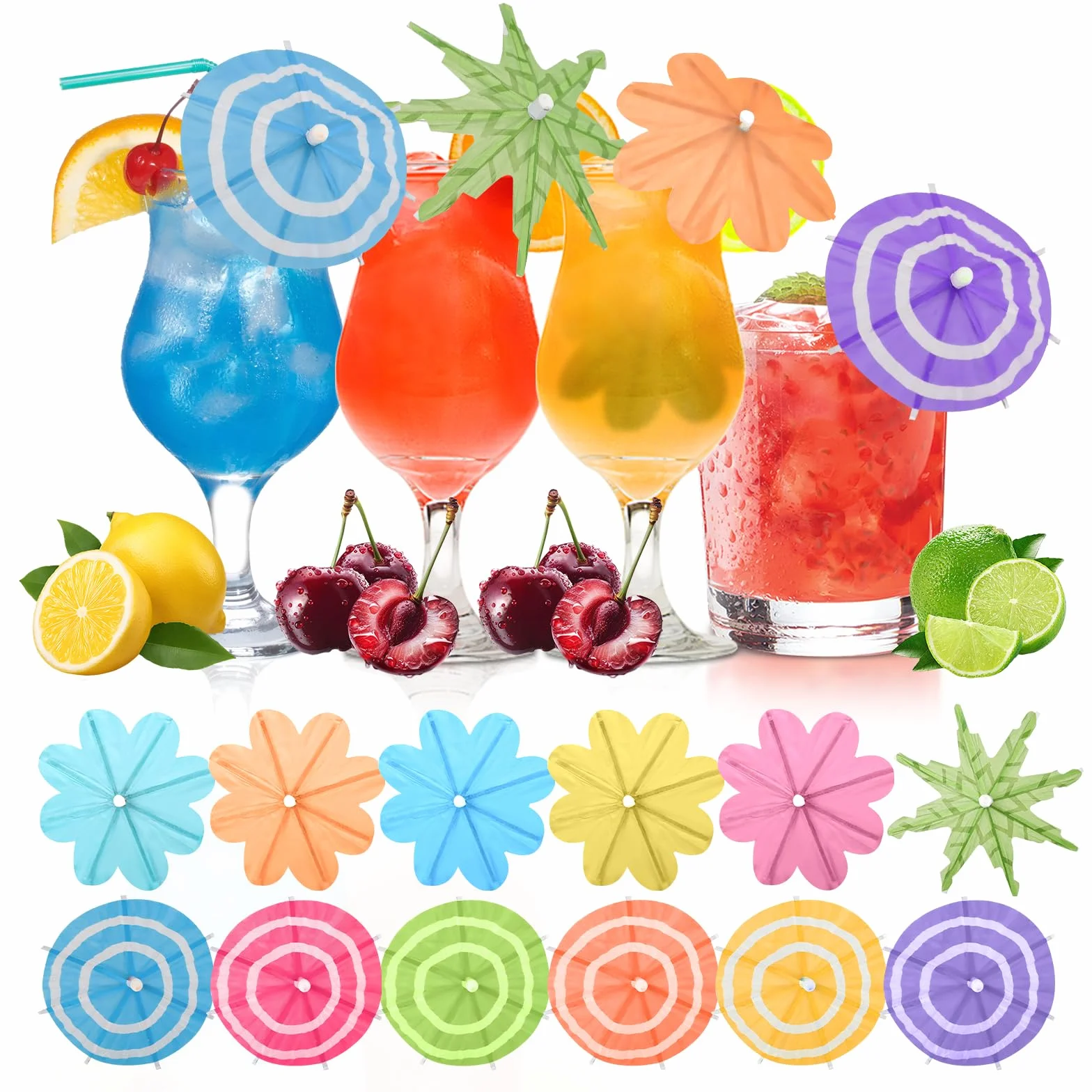 150 piezas de 3 estilos de paraguas de cóctel, mini paraguas para bebidas, palillos de dientes hawaianos, sombrilla de papel pequeña para decorar bebidas, decoración, palitos de bebidas