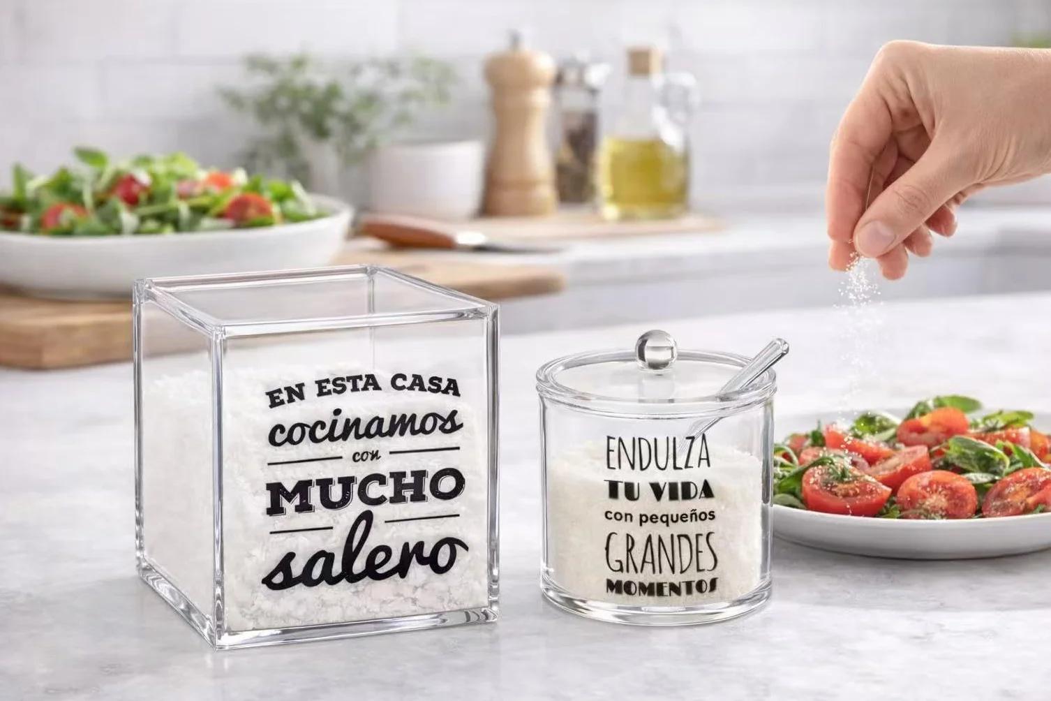Juego de Salero y Azucarero de Cocina Acrílico Transparente con Cuchara y Tapa