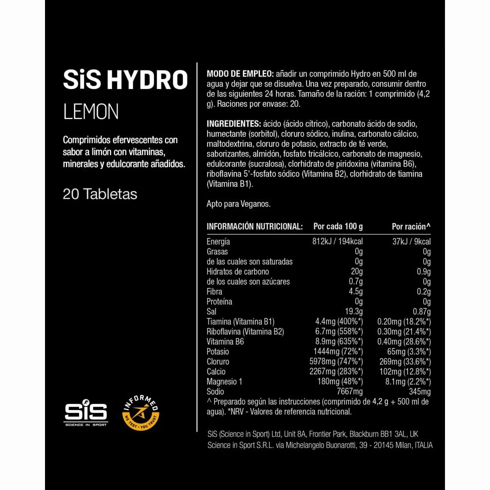 Science in Sport HYDRO comprimidos electrolitos 20 uds. citrón veganos efervescentes