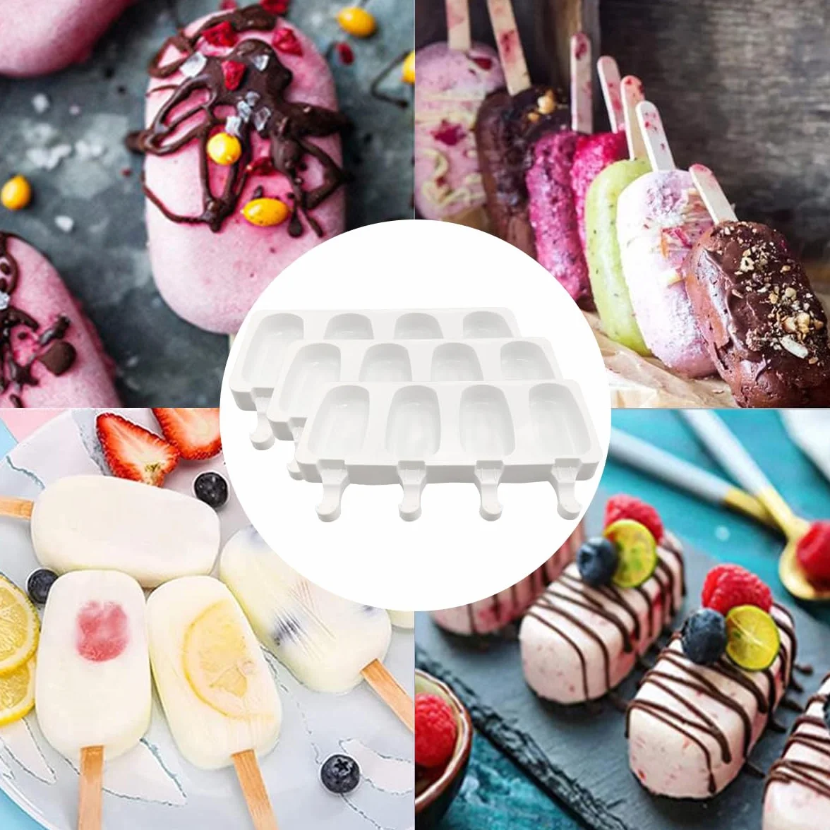 Moldes Helados Silicona sin BPA, 3 Piezas, con 100 Palos de Madera, Bolsas y Tiras