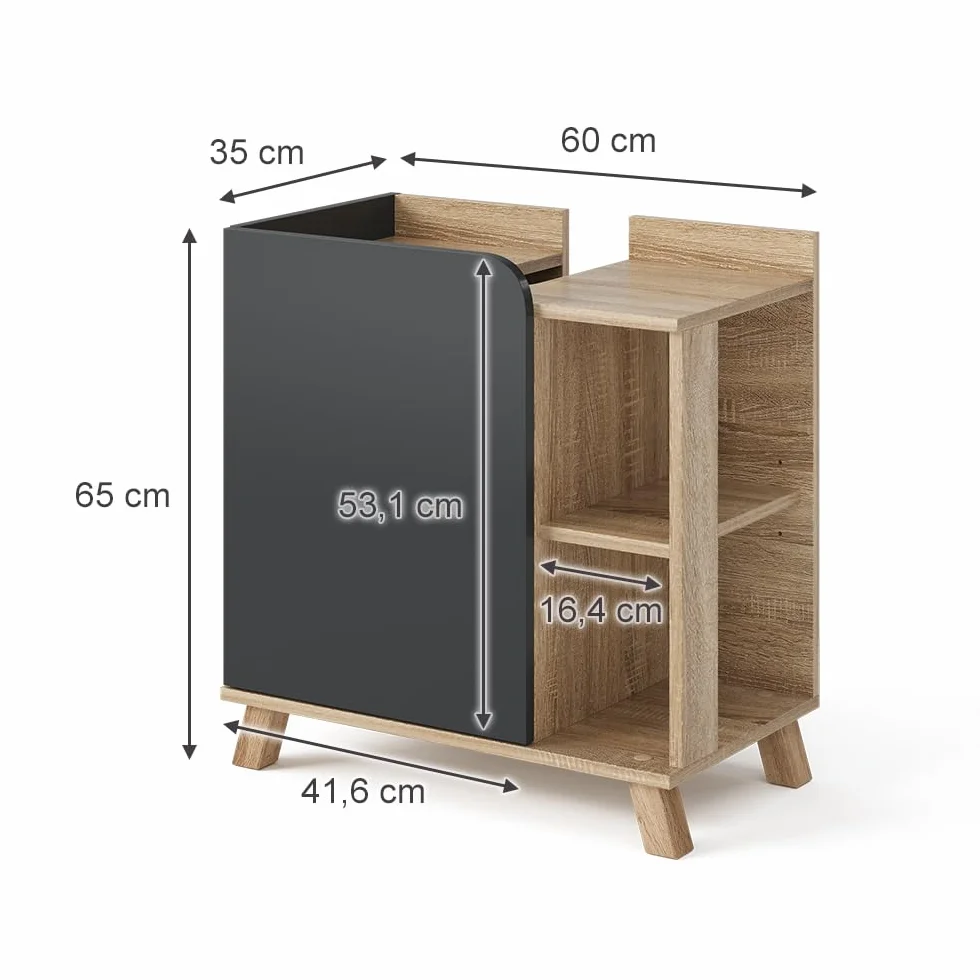 Vicco Mueble bajo Lavabo Karen, Sonoma/Antracita, 60 x 65 cm con Puerta y Compartimentos Abiertos, con Recorte para sifón para instalación Debajo del Lavabo
