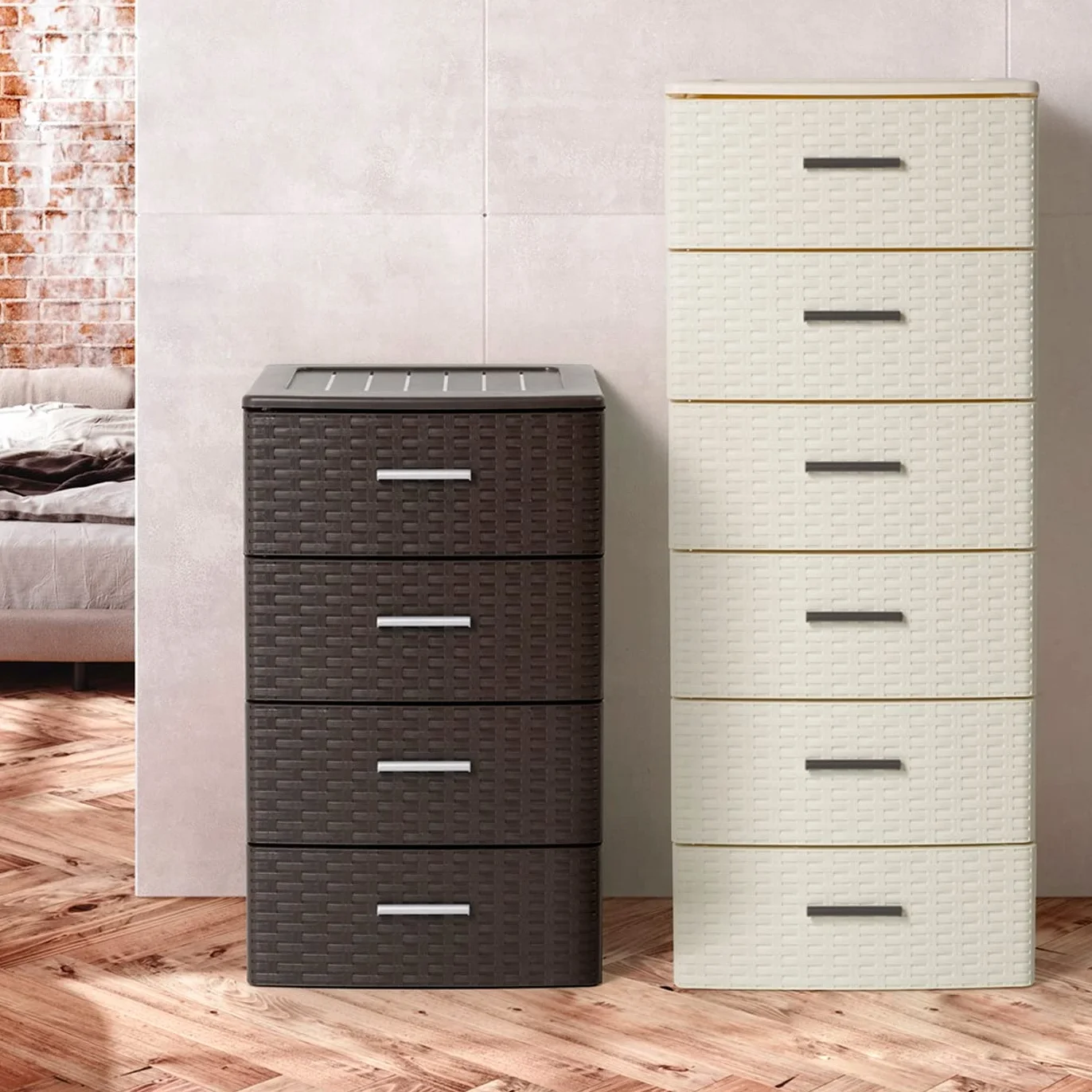Cajonera Rattan 4 Niveles Torre Almacenaje 61,5x36,5x36,5 cm Blanco