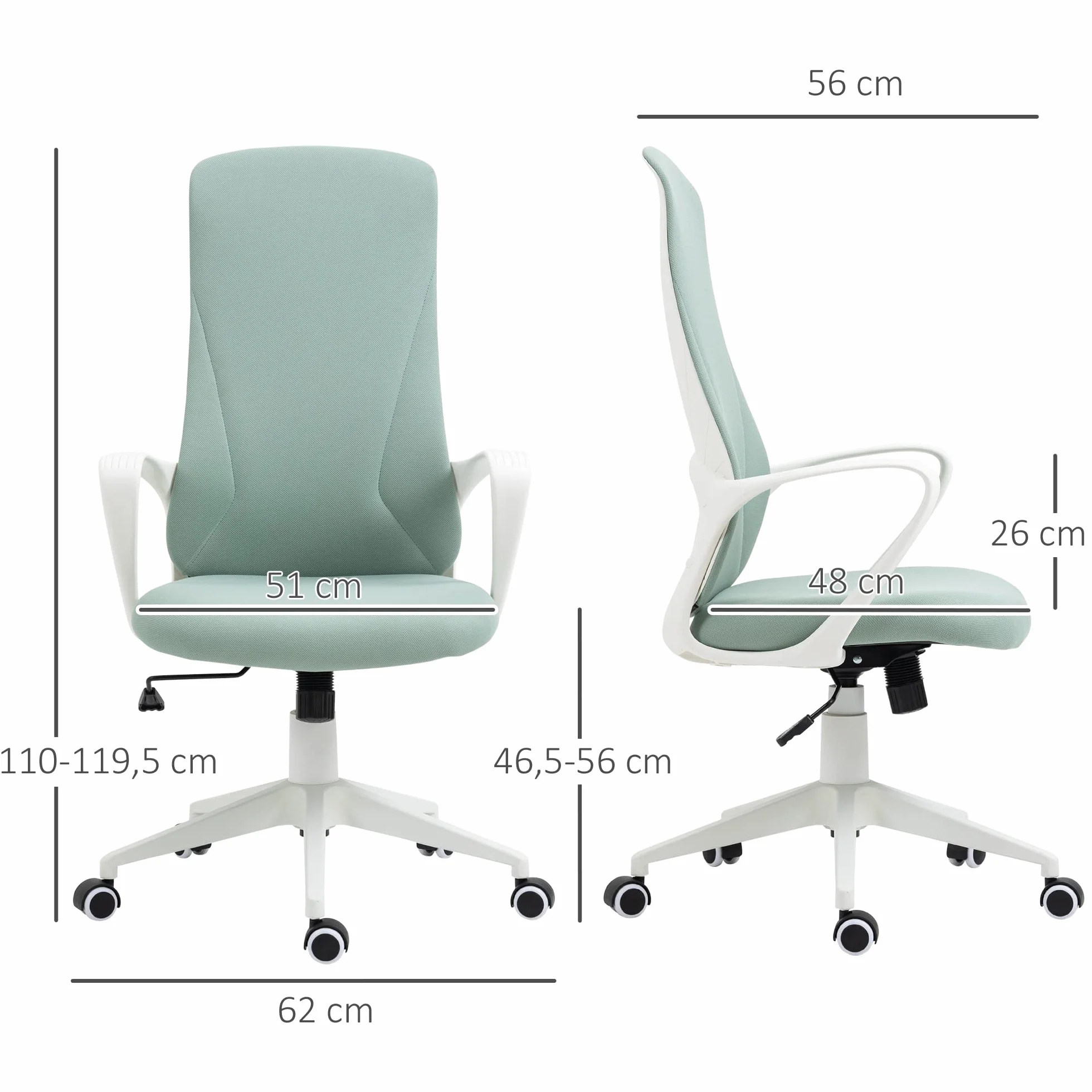 Vinsetto Silla de Oficina Giratoria con Altura Ajustable, Respaldo Alto 62x56x110-119.5 cm Verde