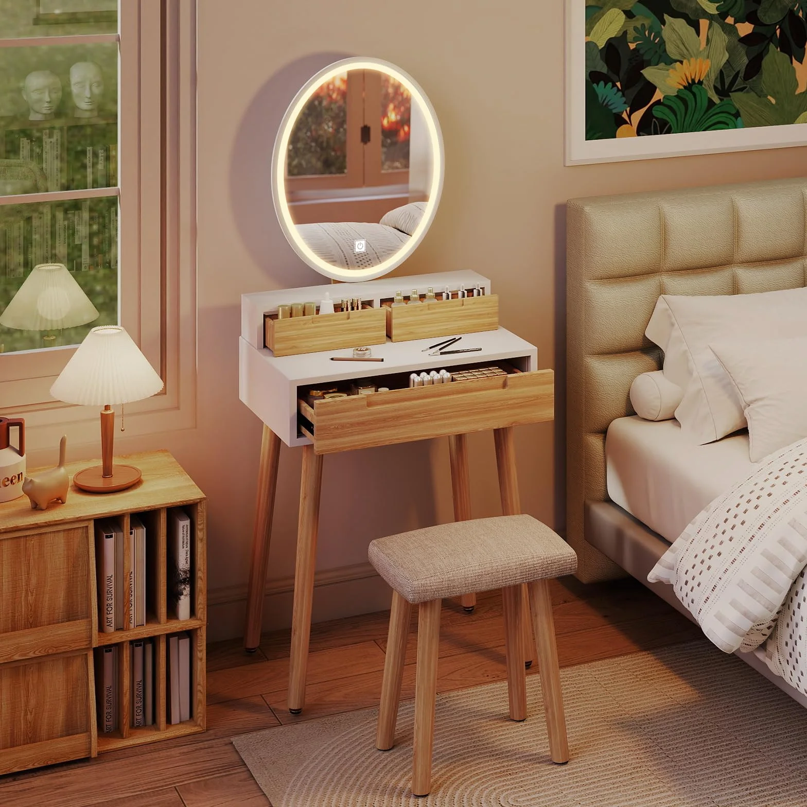 YU YUSING Tocador de Maquillaje con Espejo LED 3 Modos Luz y Taburete 3 Cajones, Mesa Cosmética Multifuncional
