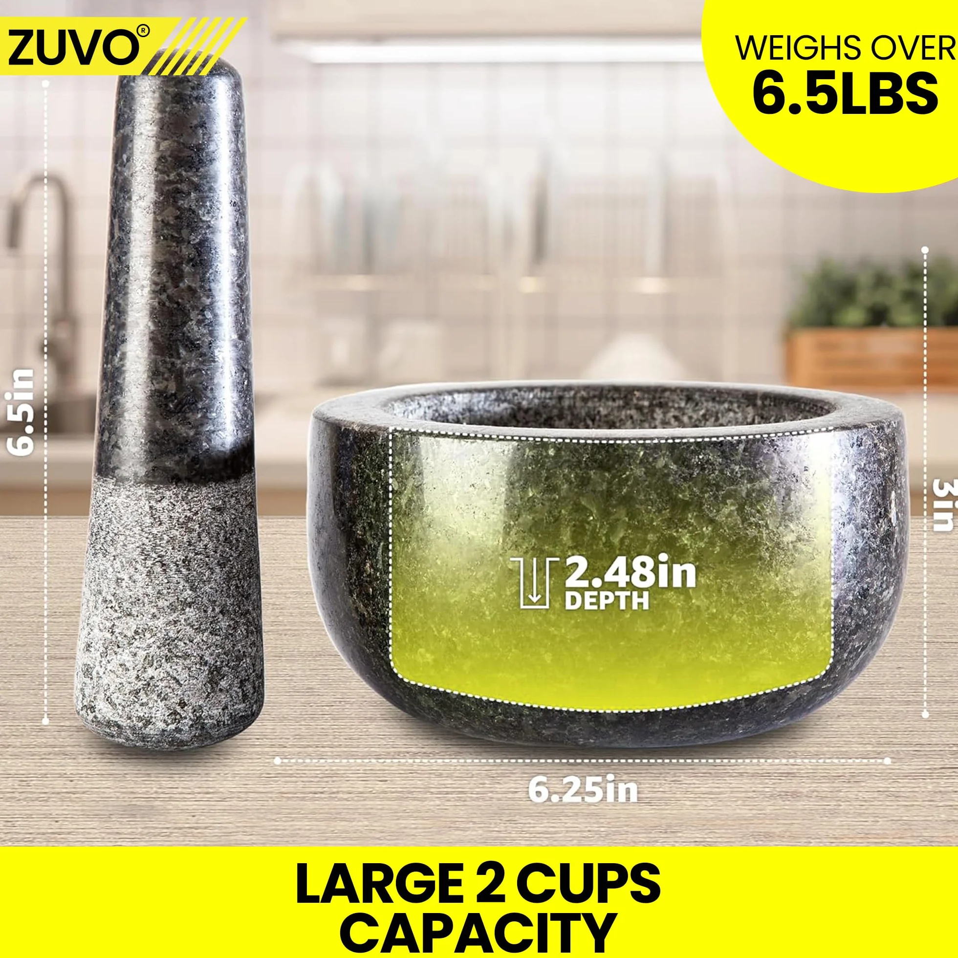 Juego de mortero y mortero de Zuvo, piedra natural sólida, esencial para artículos esenciales de cocina y creaciones culinarias, diseño duradero y elegante
