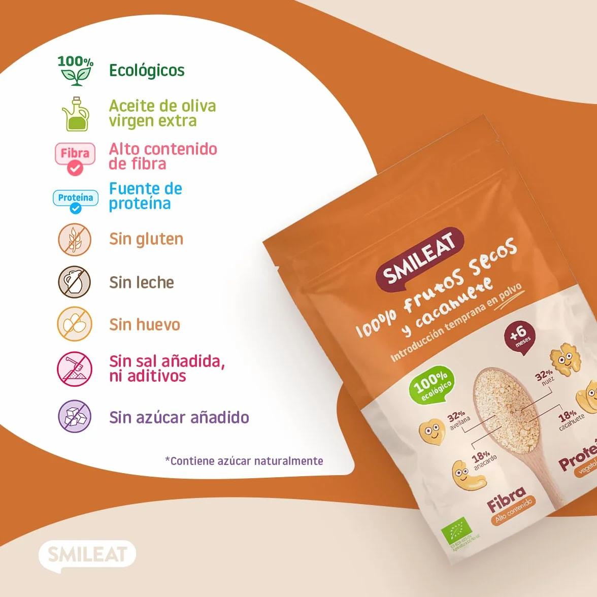 Smileat Snack de Frutos Secos y Cacahuetes Molidos Ecológico Sin Azúcar Añadido Sin Gluten 200g