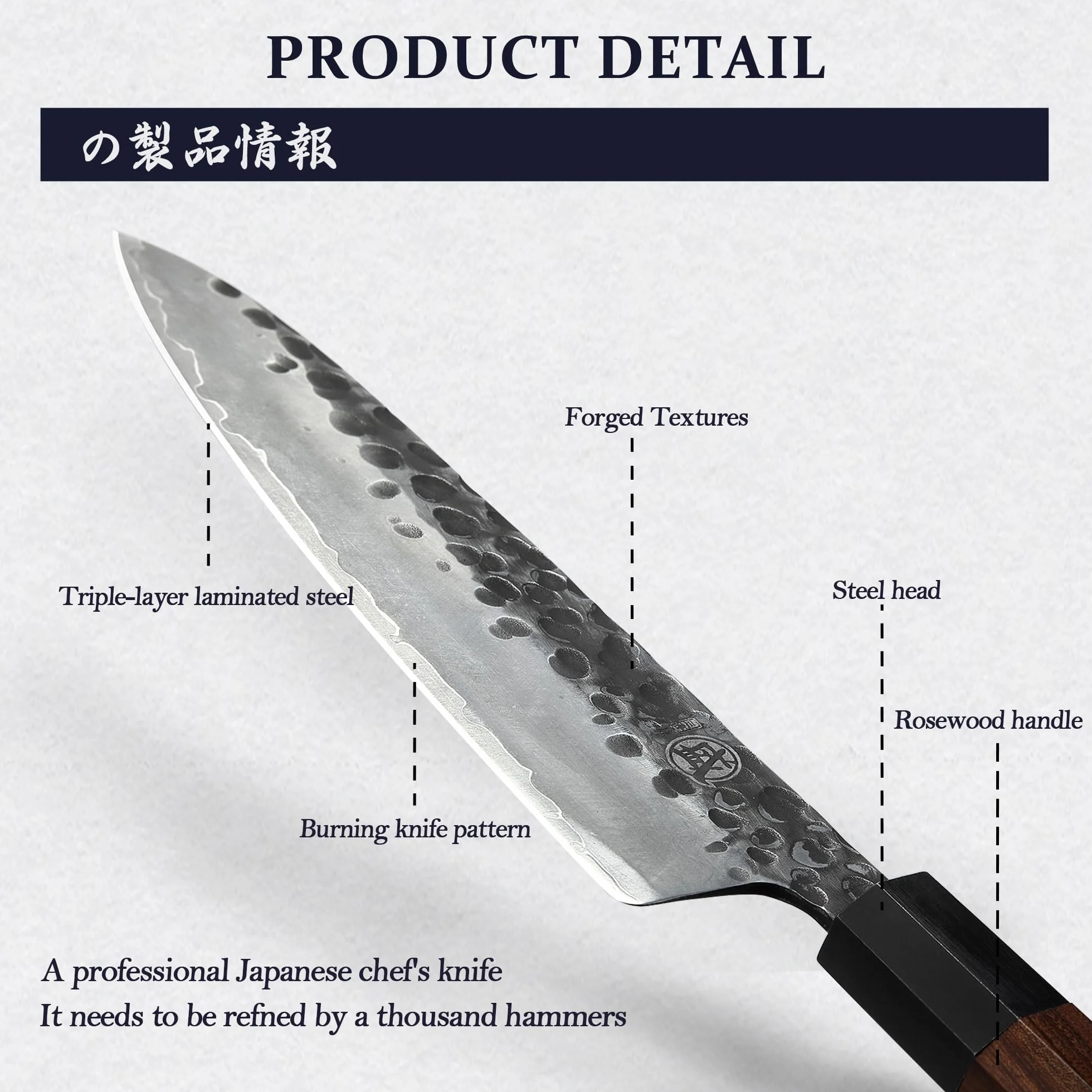 MITSUMOTO SAKARI Cuchillos Cocina Gyuto, Cuchillo Japones de Acero de Alto Carbono, 20 cm Cuchillos Cocina Profesional Forjados a Mano (Mango de Palo de Rosa y Caja de Regalo)
