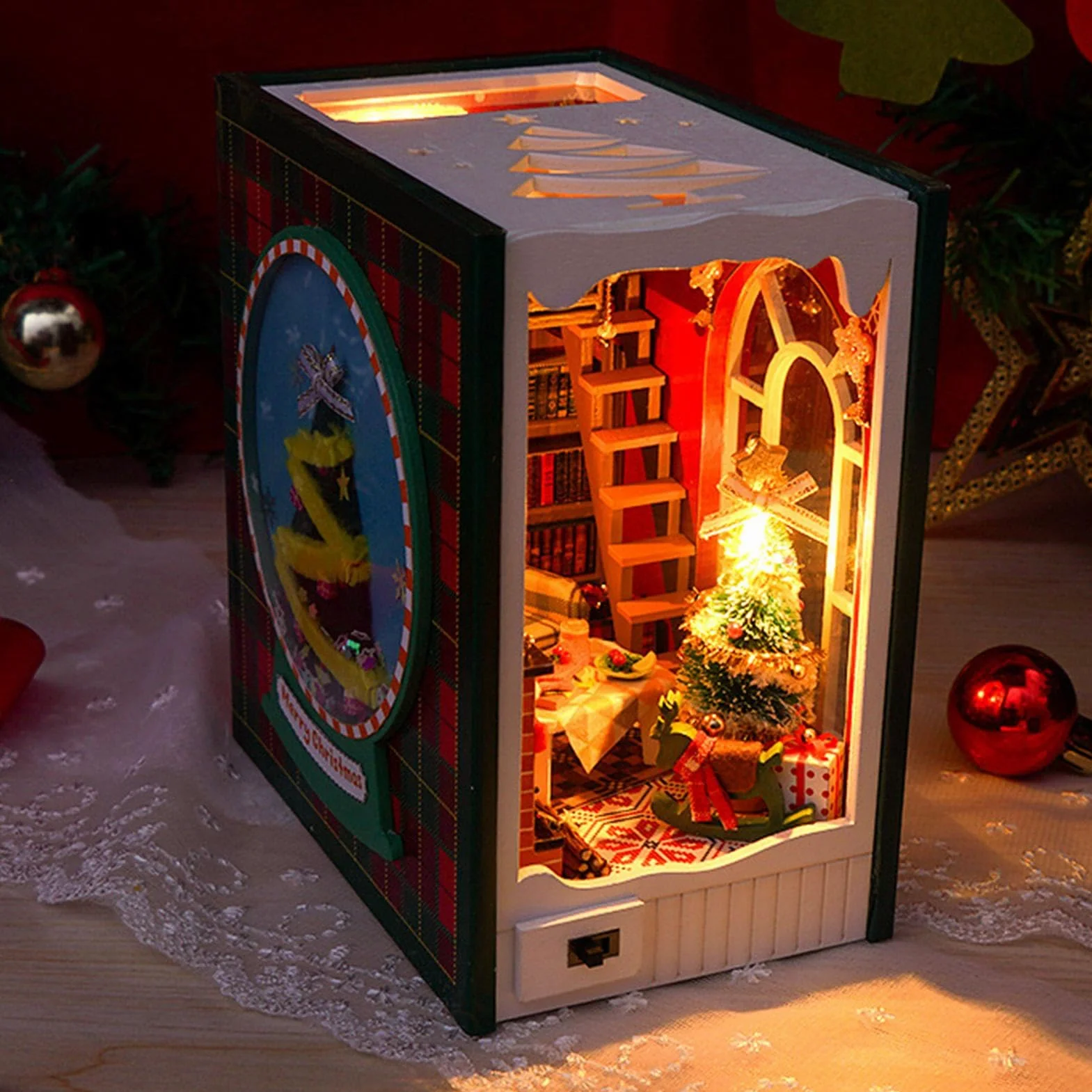 Kit de esquina de libro - Decoración de casa de Navidad, kit de decoración de estantes | Kit de construcción de casa en miniatura de madera, kit de sujetalibros miniatura decorativos, kit de casa en