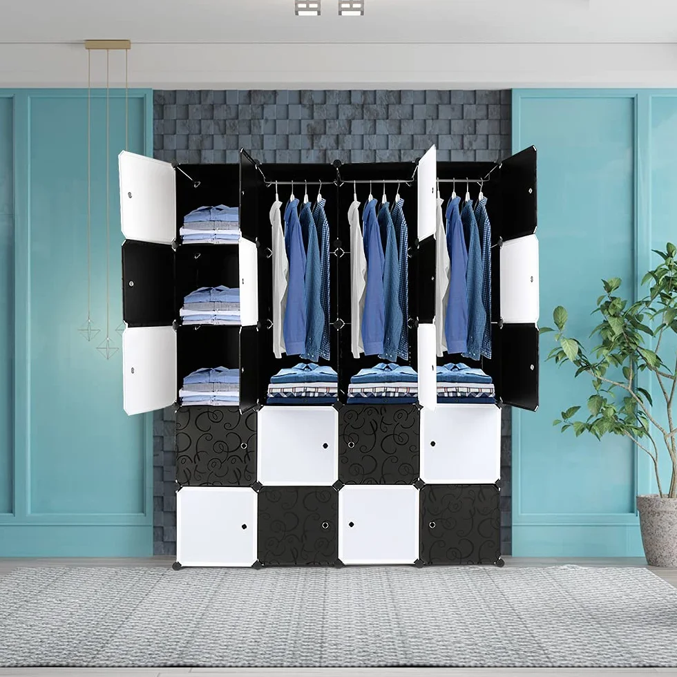 Bonnlo Armario Modular Cubos Estantería 20 Cubos Plástico DIY Barra Colgar 142x47x178 cm Negro Blanco