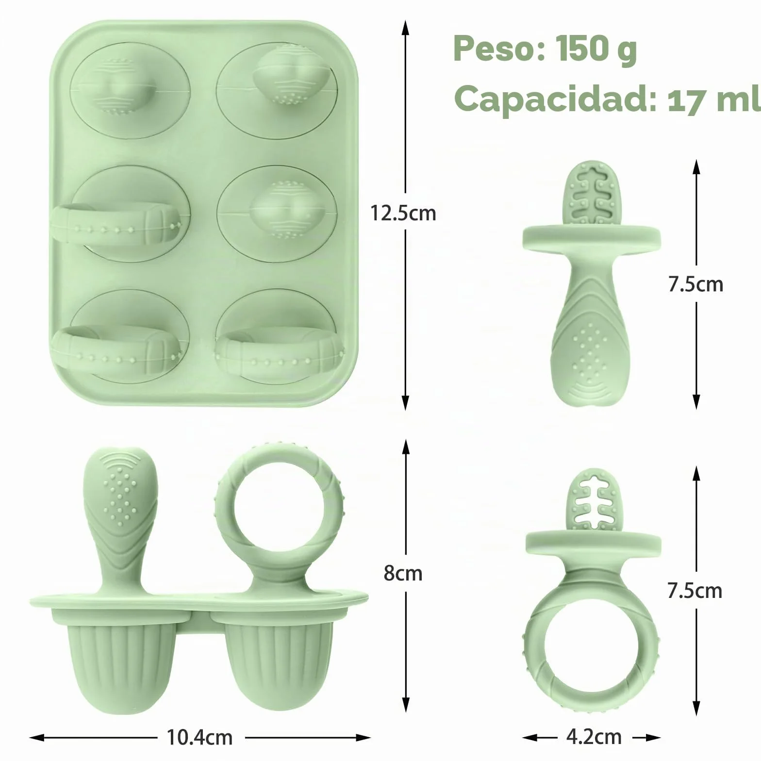 CLDY Mini moldes de silicona sin BPA para niños pequeños, 6 moldes de 17 ml, aptos para congelador y lavavajillas, verde