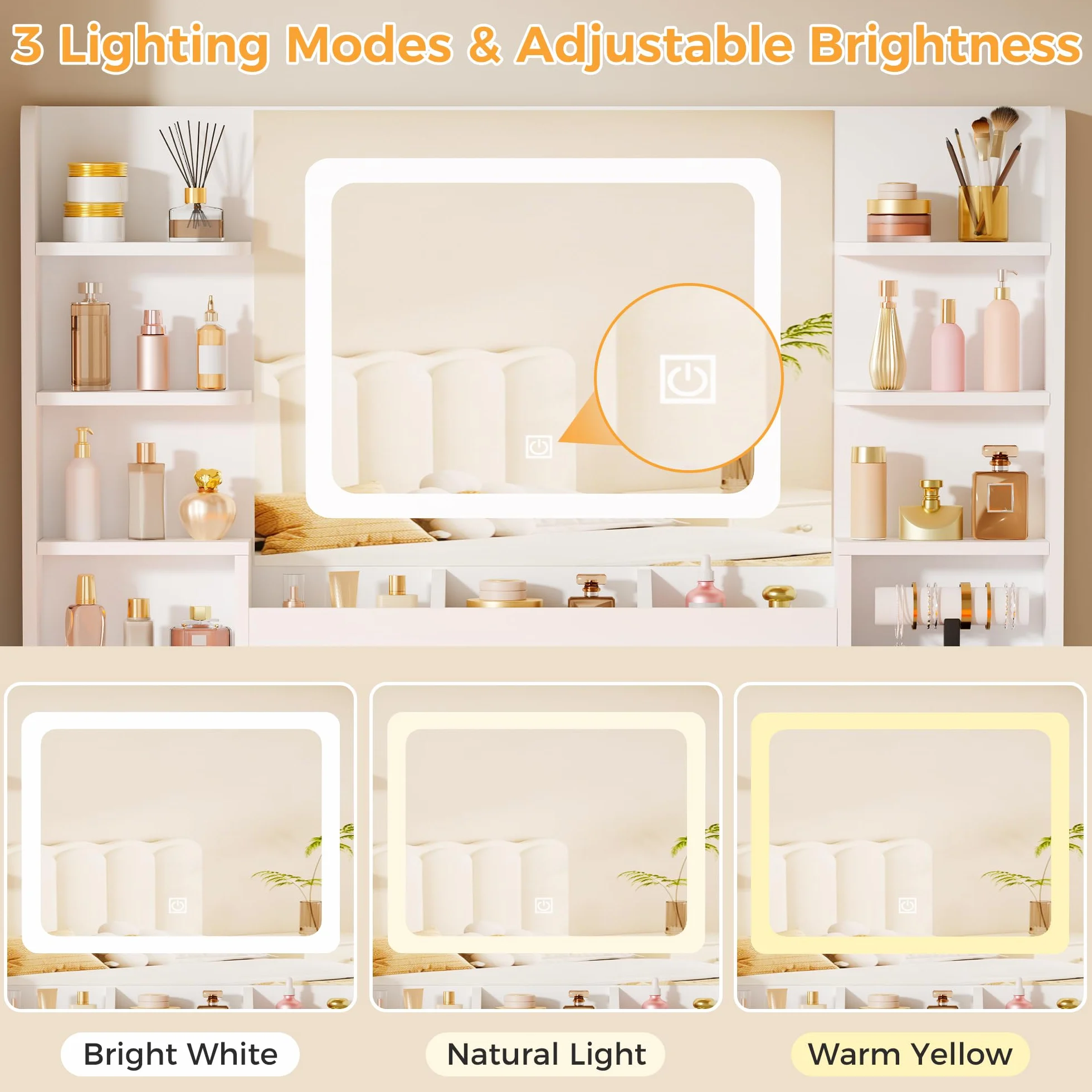 BEWISHOME Tocador de Maquillaje con Espejo y Luces LED, Mesa de Maquillaje con Cubierta de Vidrio Transparente, 11 Cajones RGB, 6 Estantes, Tocador Maquillaje con Enchufes Moderno Blanco EFST57W