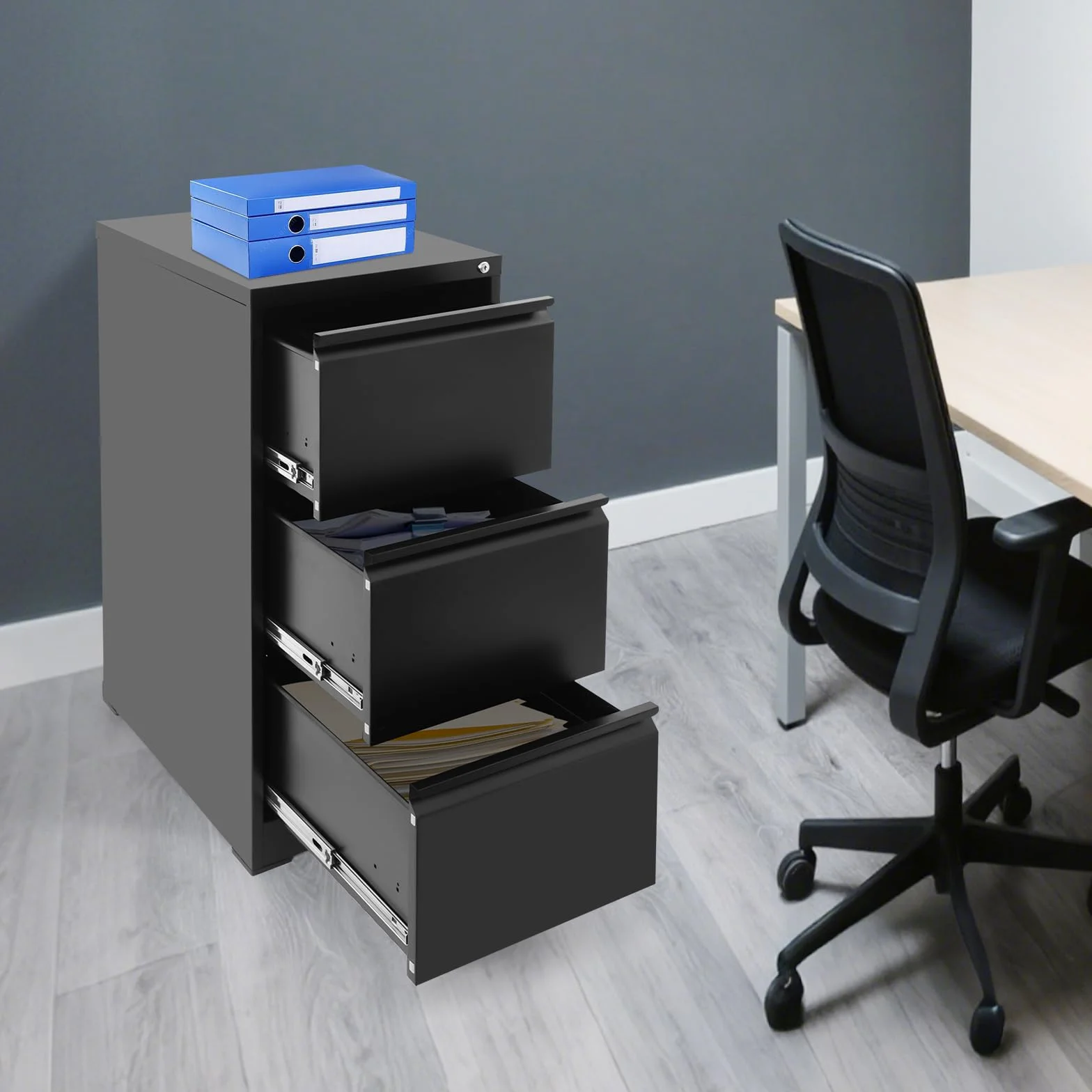 WooDerson Archivador vertical, archivador de metal con 3 cajones, armario con cerradura, almacenamiento seguro de documentos para oficina en casa y muebles de espacio de trabajo (negro, asa de cuello