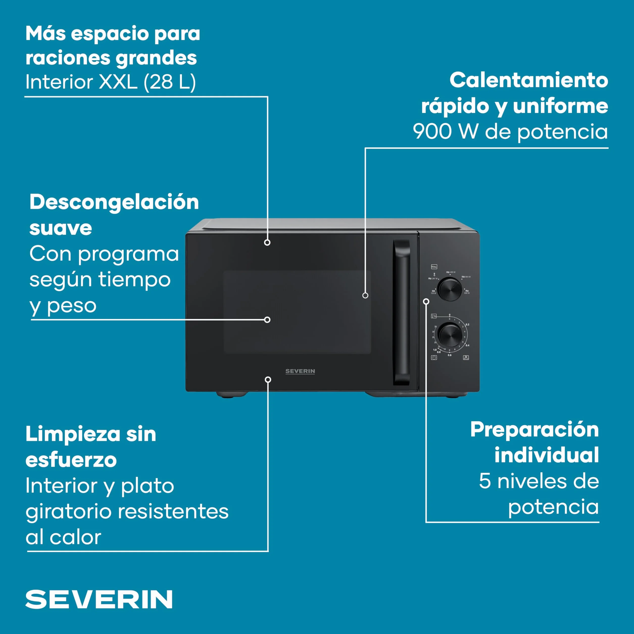 Severin Microondas, para descongelar y calentar, interior XXL, 28 l, horno microondas con plato giratorio de cristal extraíble, 5 niveles, temporizador de 35 minutos, 900 W, negro/metal, MW 7796