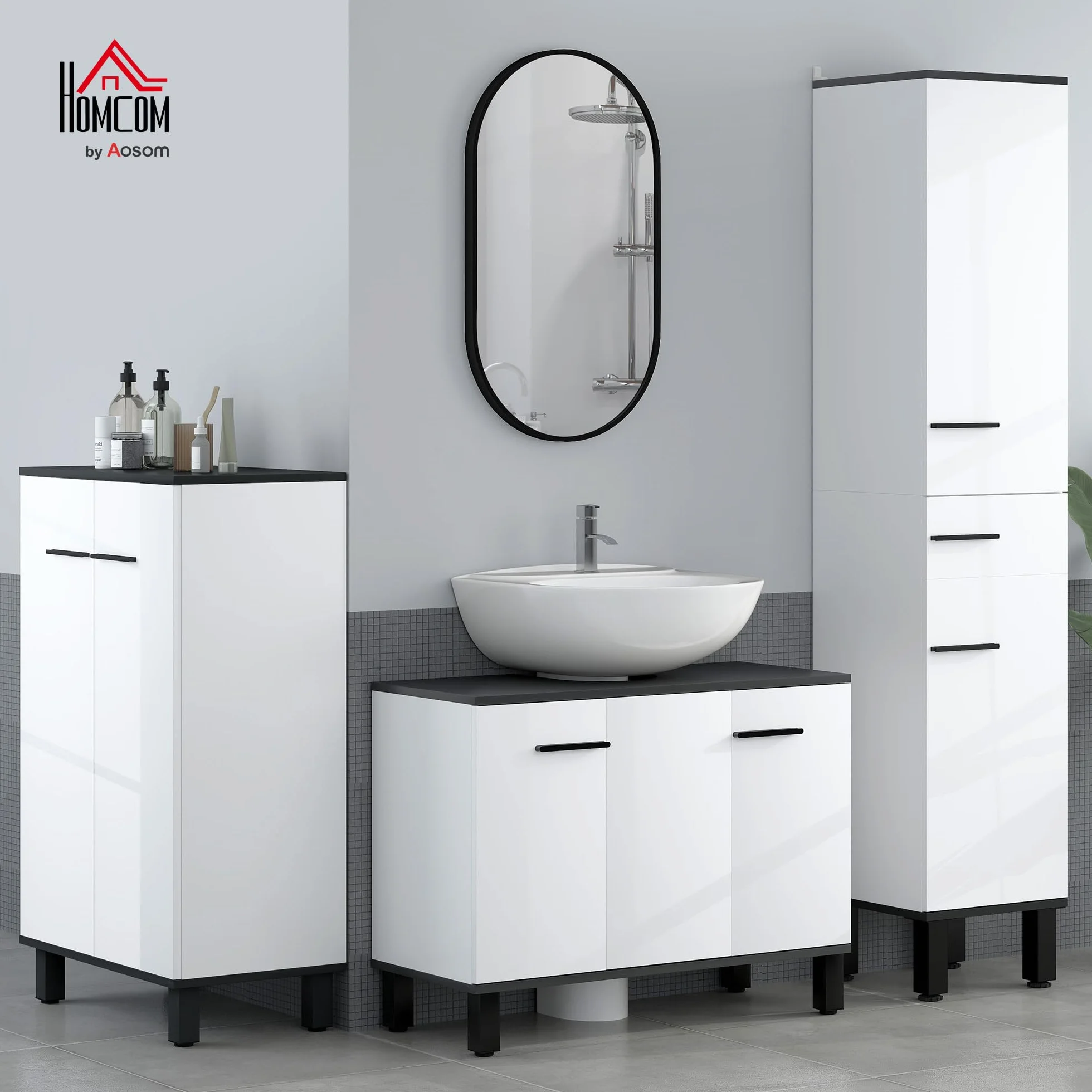 HOMCOM Columna de Baño Armario Alto de Baño con Cajón 2 Puertas y Estantes Ajustable Mueble Auxiliar de Baño Moderno Anti-vuelco 34x32x170 cm Blanco