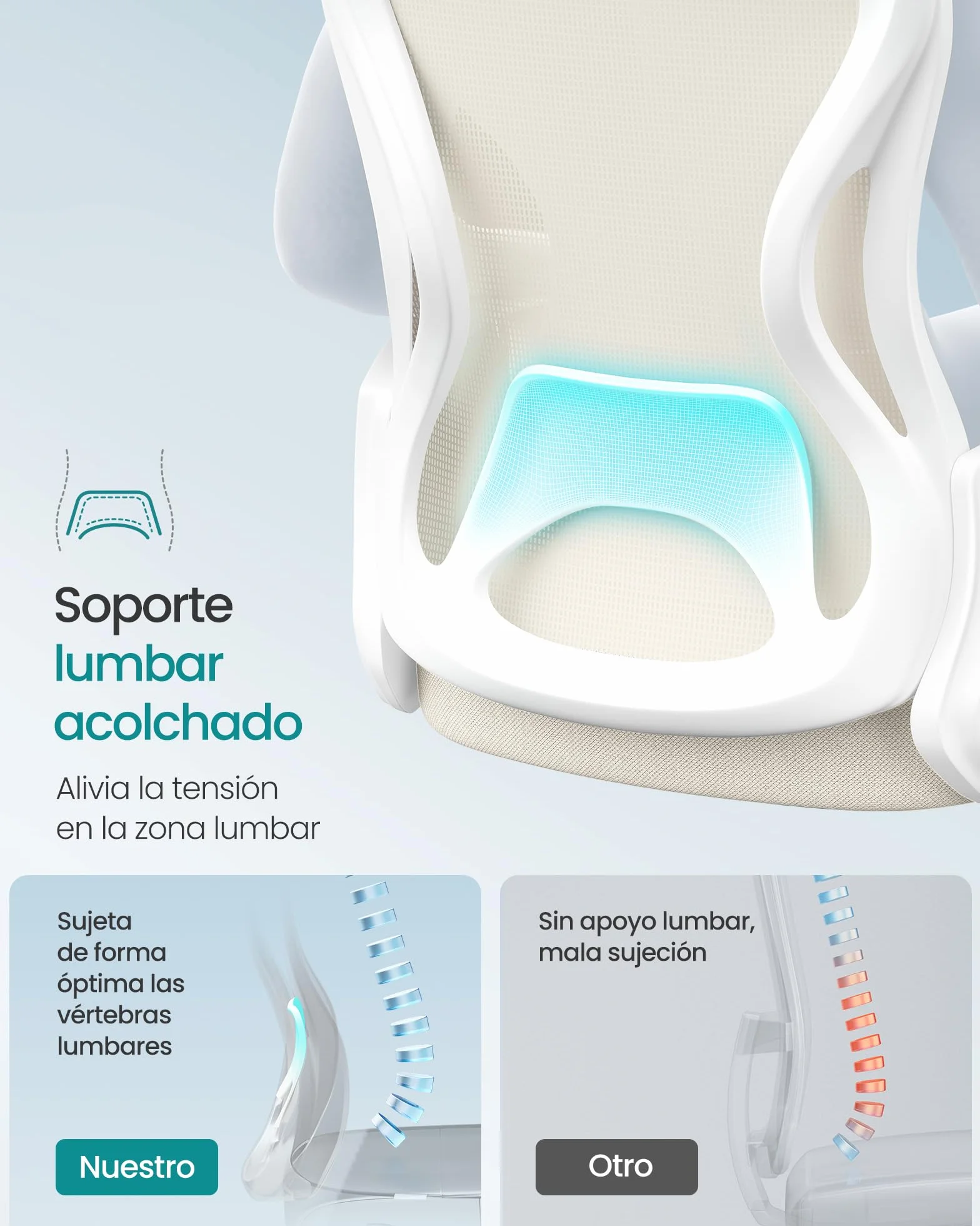 SONGMICS Silla de Oficina Ergonómica de Malla con Soporte Lumbar, Giratoria, Beige Capuchino y Blanco Nube