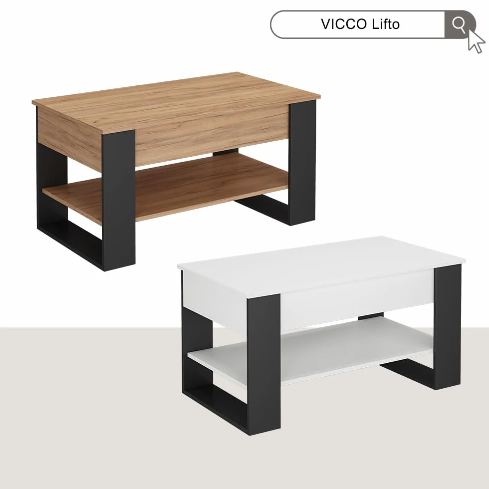 Vicco Mesa Baja Lifto, Roble/Antracita, 92 x 51 cm con función de elevación, con Tablero de Mesa Ajustable en Altura y Estructura Base Estable