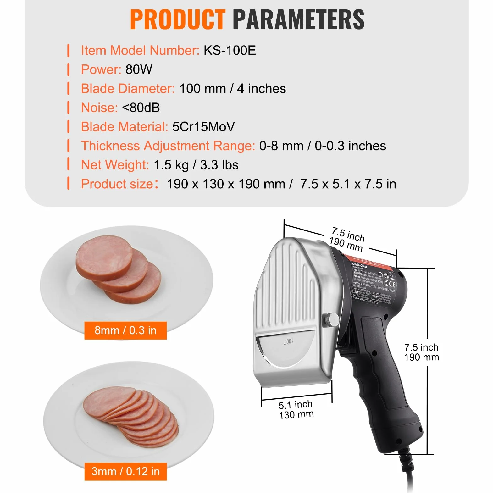 VEVOR Cuchillo Kebab Eléctrico 80 W, Shawarma Döner Kebab Cortador de Carne Turco Comercial de Acero Inoxidable, con 2 Cuchillas Diámetro 100 mm, Grosor Ajustable 0-8 mm, para Restaurante, Snack-bar