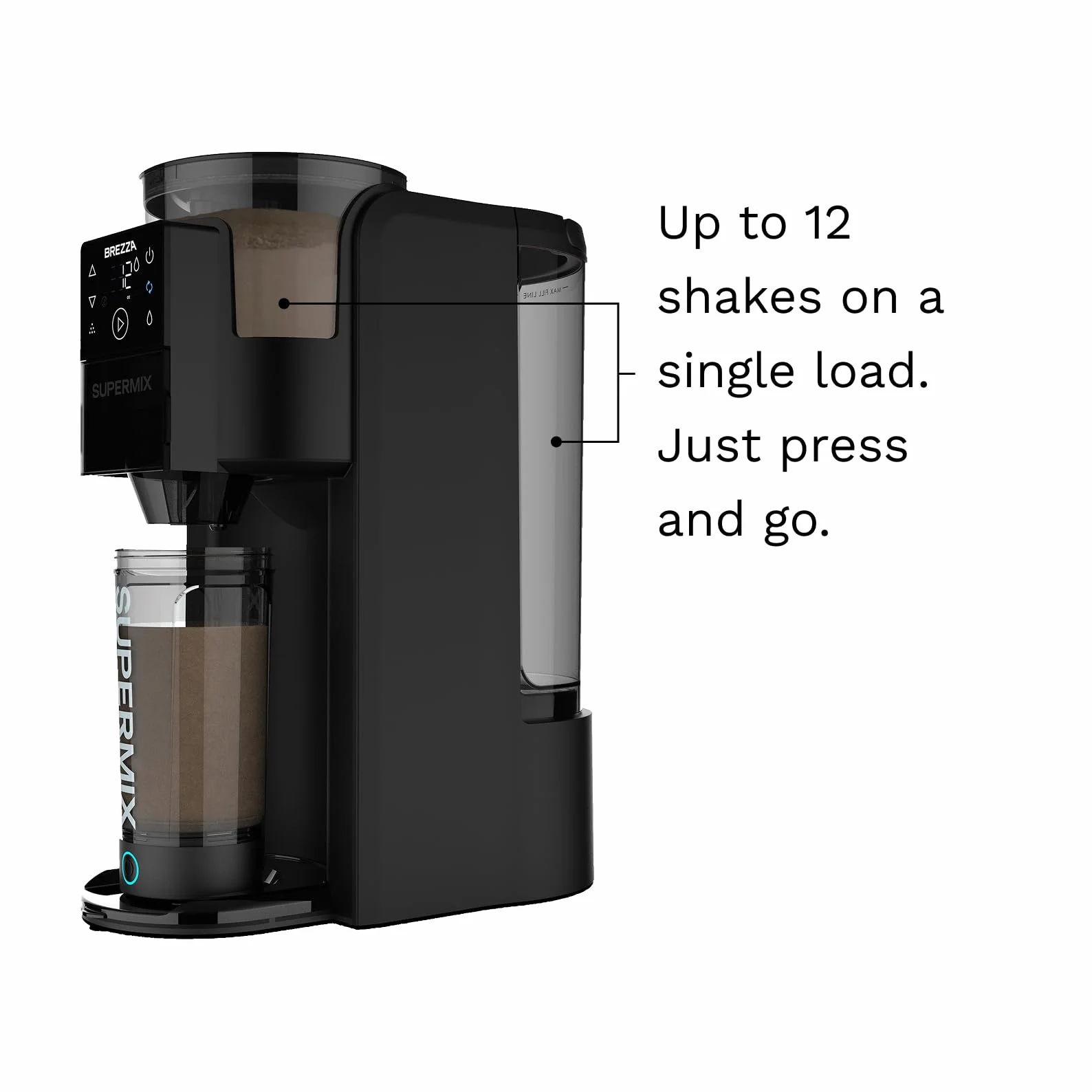 BREZZA Supermix - Máquina automática de batidos de proteínas, dispensador eléctrico de polvo y sistema de taza de mezcla, Tritan sin BPA de 24 onzas, 95% de precisión, batidos sin grumos en 25